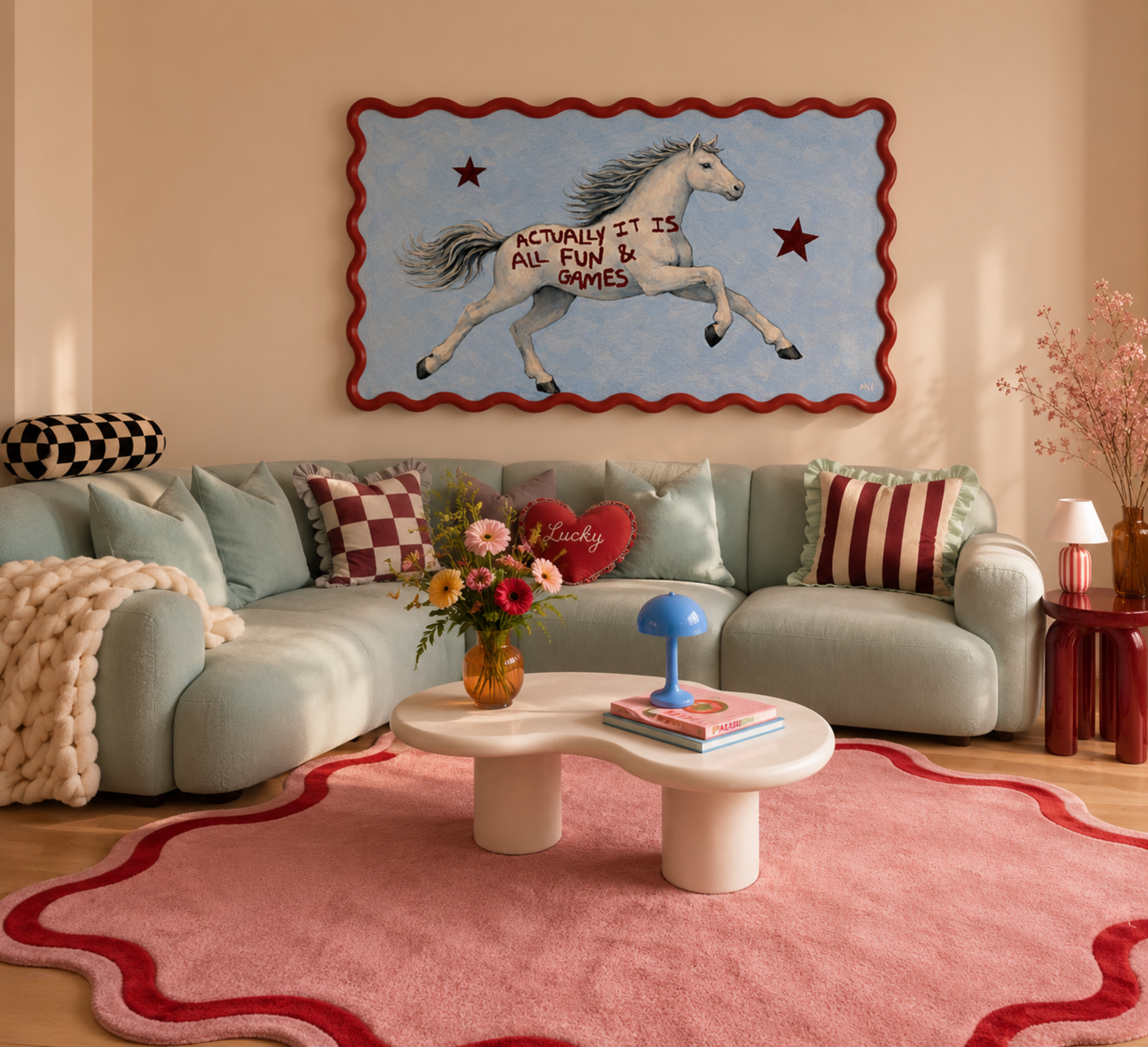 A surreal Symbolic artwork featuring a White Horse running against a pale blue background with Burgundy stars. The Horse has handwritten quote "Actually It Is All Fun and Games". This is a hand drawn Contemporary Folk art Print Oil Painting.