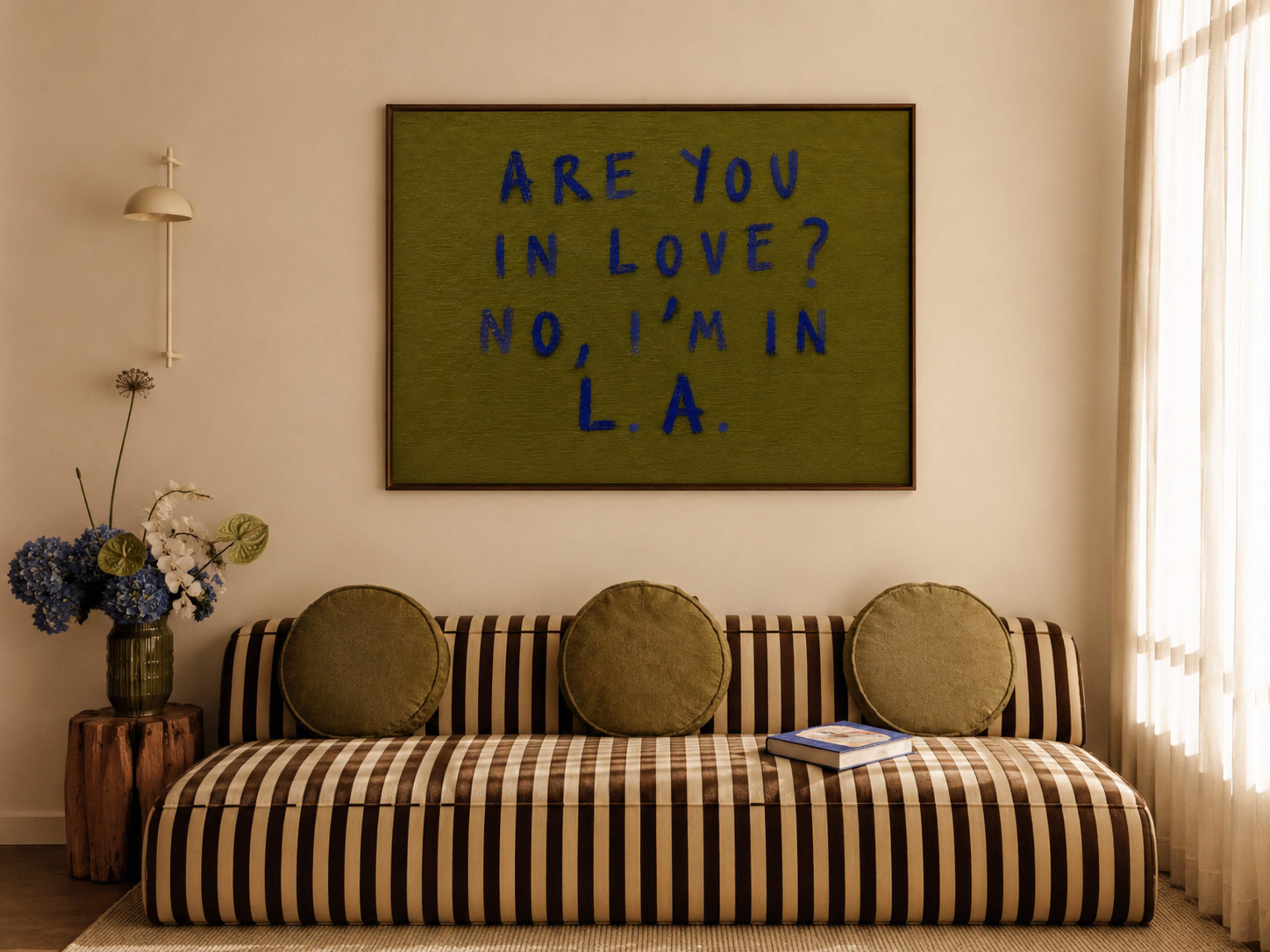 hand drawn trendy location / city  typography print in grafitti style with the quote "ARE YOU IN LOVE? NO, IM IN L.A." in a textured canva. This is a trendy minimalist typography wall art print ideal for above bed, bedrooms, dorm room decor, living rooms and kitchens, gallery walls and playful interiors. The perfect Cool Girl Apartment decor