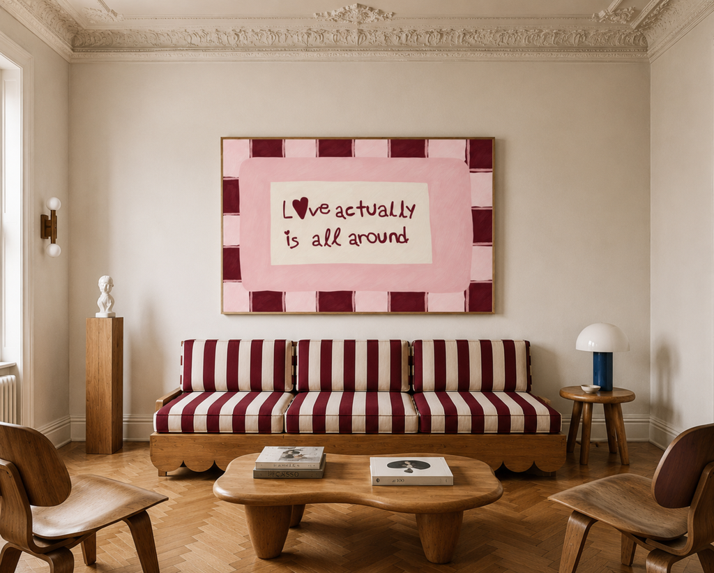 hand drawn Playful typography print with the phrase "Love actually is all around" in a retro pink and green, on textured oil painting canva. This is a hand drawn trendy romantic typography wall art print ideal for above bed, bedrooms, dorm room decor, living rooms and kitchens, gallery walls and playful interiors.