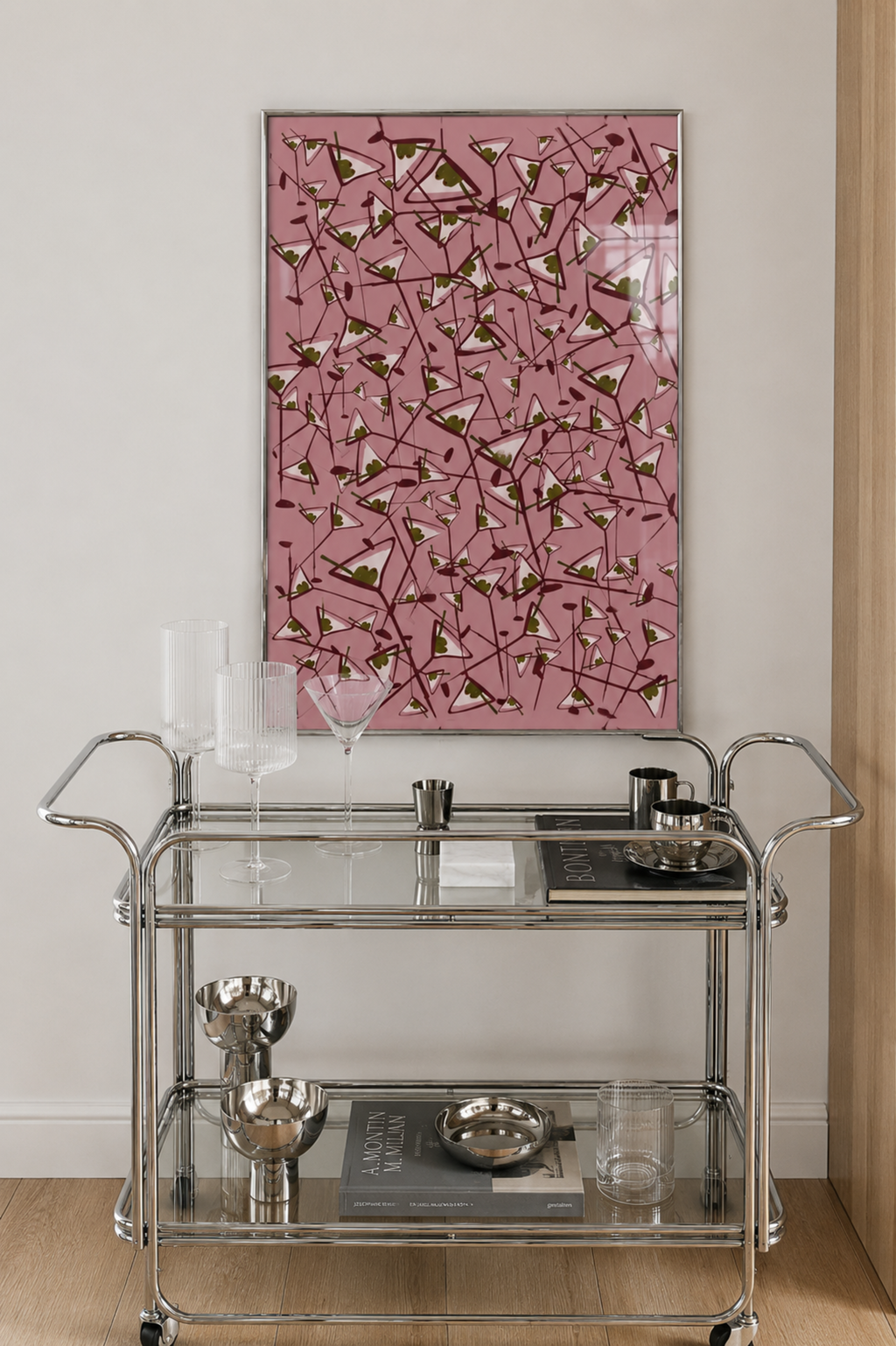 Olive Martini abstract geometric pattern Kitchen wall art with hand drawn cocktail illustrations on a blue and ruby background, inspired by Mediterranean aperitivo culture. This is a hand drawn cocktail Oil Painting kitchen and bar cart art Print decor for playful kitchens, dining spaces and eclectic interiors.