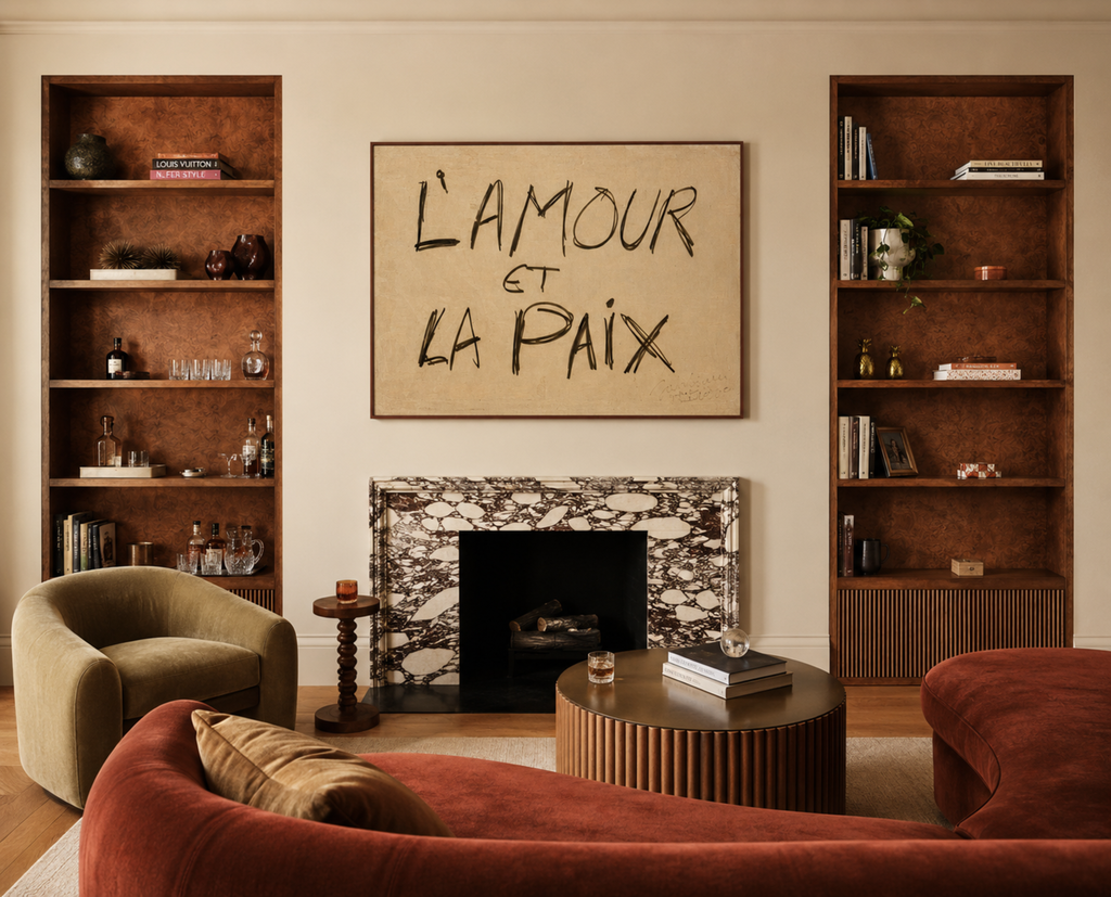 hand drawn Retro Minimalist French typography print with the phrase "L AMOUR ET LA PAIX" in a retro neutral canva. This is a trendy minimalist typography wall art print ideal for above bed, bedrooms, dorm room decor, living rooms and kitchens, gallery walls and playful interiors. The perfect Cool Girl Apartment decor