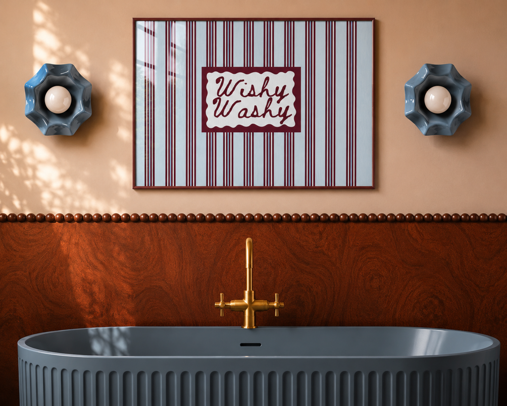 Wishy Washy is a whimsical Retro typography art print designed to bring humour, colour and personality into your bathroom and laundry room. Featuring vintage-inspired striped patterns and hand-lettered typography, this artwork captures the nostalgic charm of classic bath-time phrases while adding a playful decorative touch to modern interiors. this is a hand drawn Retro quote wall art featuring, ideal for bathrooms, laundry room decor, and cheeky playful interiors. green burgundy