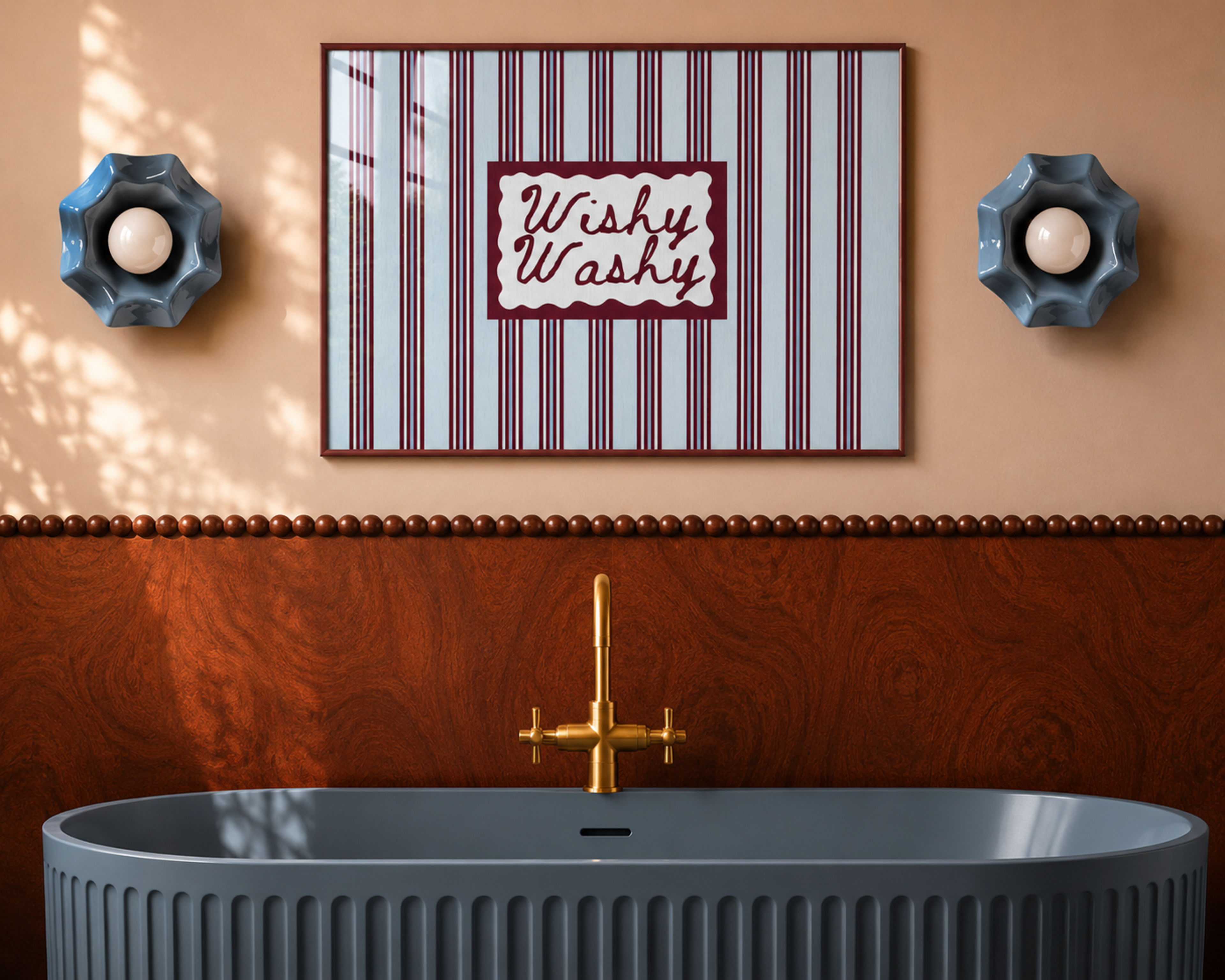 Wishy Washy is a whimsical Retro typography art print designed to bring humour, colour and personality into your bathroom and laundry room. Featuring vintage-inspired striped patterns and hand-lettered typography, this artwork captures the nostalgic charm of classic bath-time phrases while adding a playful decorative touch to modern interiors. this is a hand drawn Retro quote wall art featuring, ideal for bathrooms, laundry room decor, and cheeky playful interiors. green burgundy