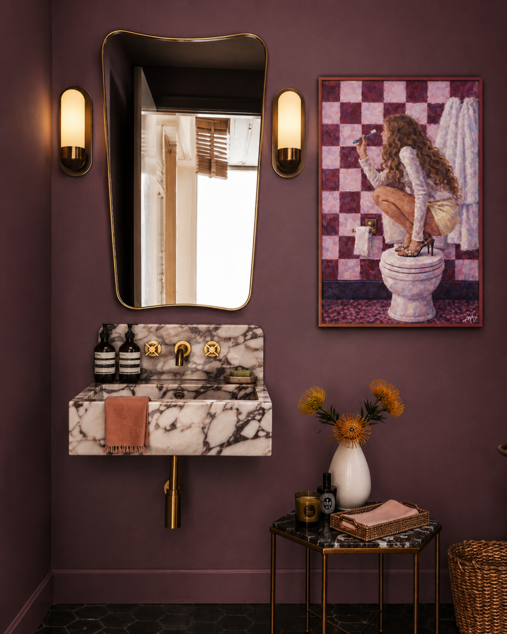 Mirror Talk is a whimsical Hand drawn fine art print that captures the humour, glamour and everyday rituals of getting ready. Featuring a girl perched atop a bathroom sink, holding her toothbrush as her microphone against a checkerboard backdrop, in pink and ruby colors. playful and nostalgic, soft painterly style, vintage-inspired composition, contemporary sense of fun. Inspired by feminine interiors, retro bathrooms it adds warmth, humour and character to powder rooms, bathrooms, dressing rooms