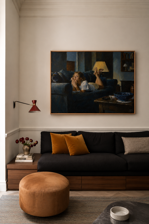a perfectly good excuse is a hand painted retro nostalgic contemporary figurative wall art print of a woman smoking on a blue sofa, inspired by contemporary figurative painting, cinematic images, the melancholy beauty of old films, bringing storytelling, atmosphere and fashion. large textured canva oil painting wall art print