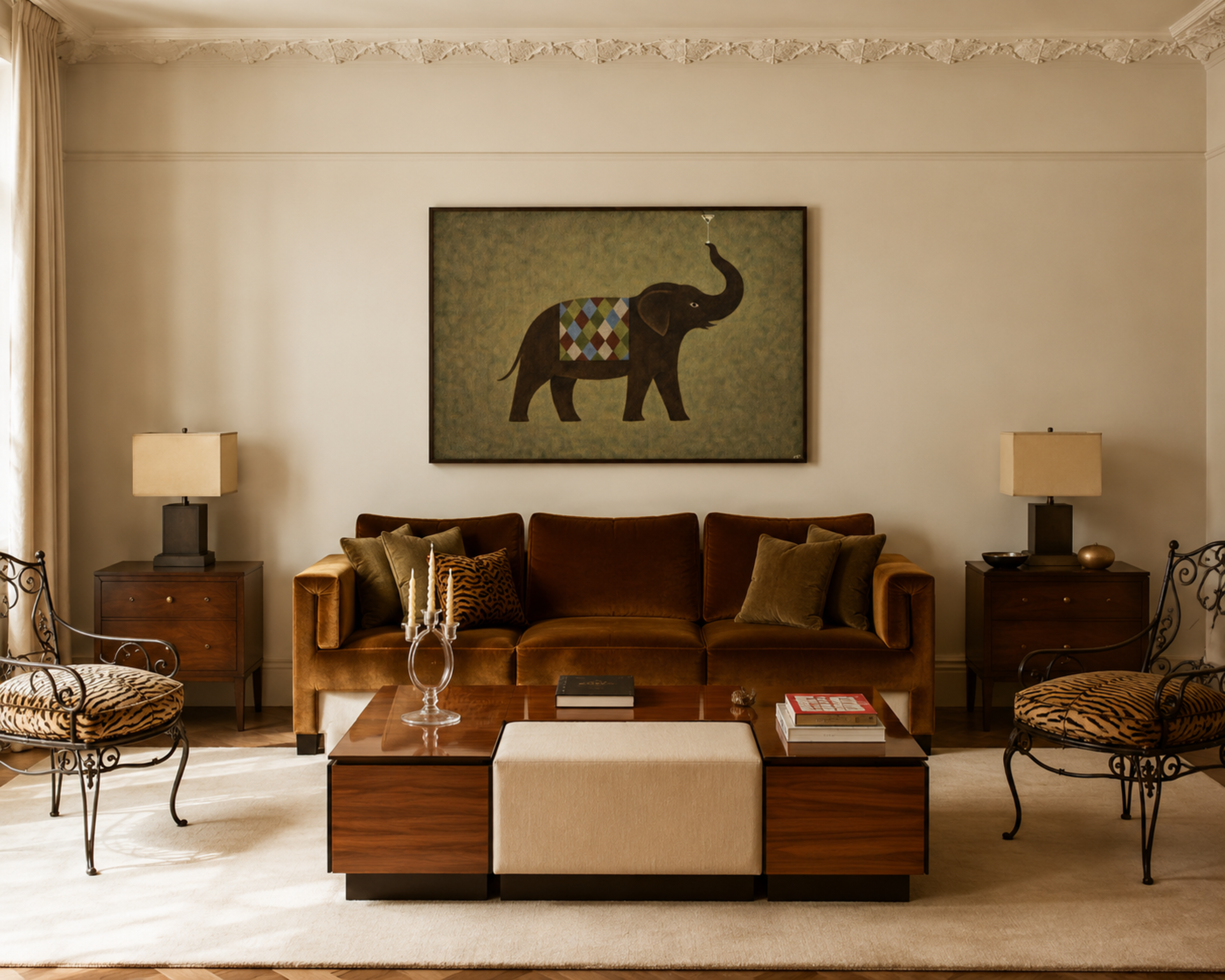 close up of a surreal elephant art print with a martini detail, in earthy khaki tones with a painterly texture. It is a hand drawn oil painting, figurative animal art. contemporary, mid century modern style