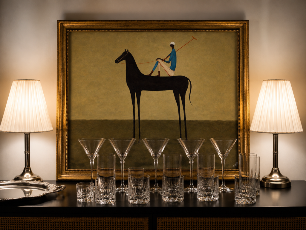 Minimalist Figurative Polo Horse Art print featuring a Polo Player Rider in earthy khaki tones and painterly texture. This is a Hand drawn oil painting print
