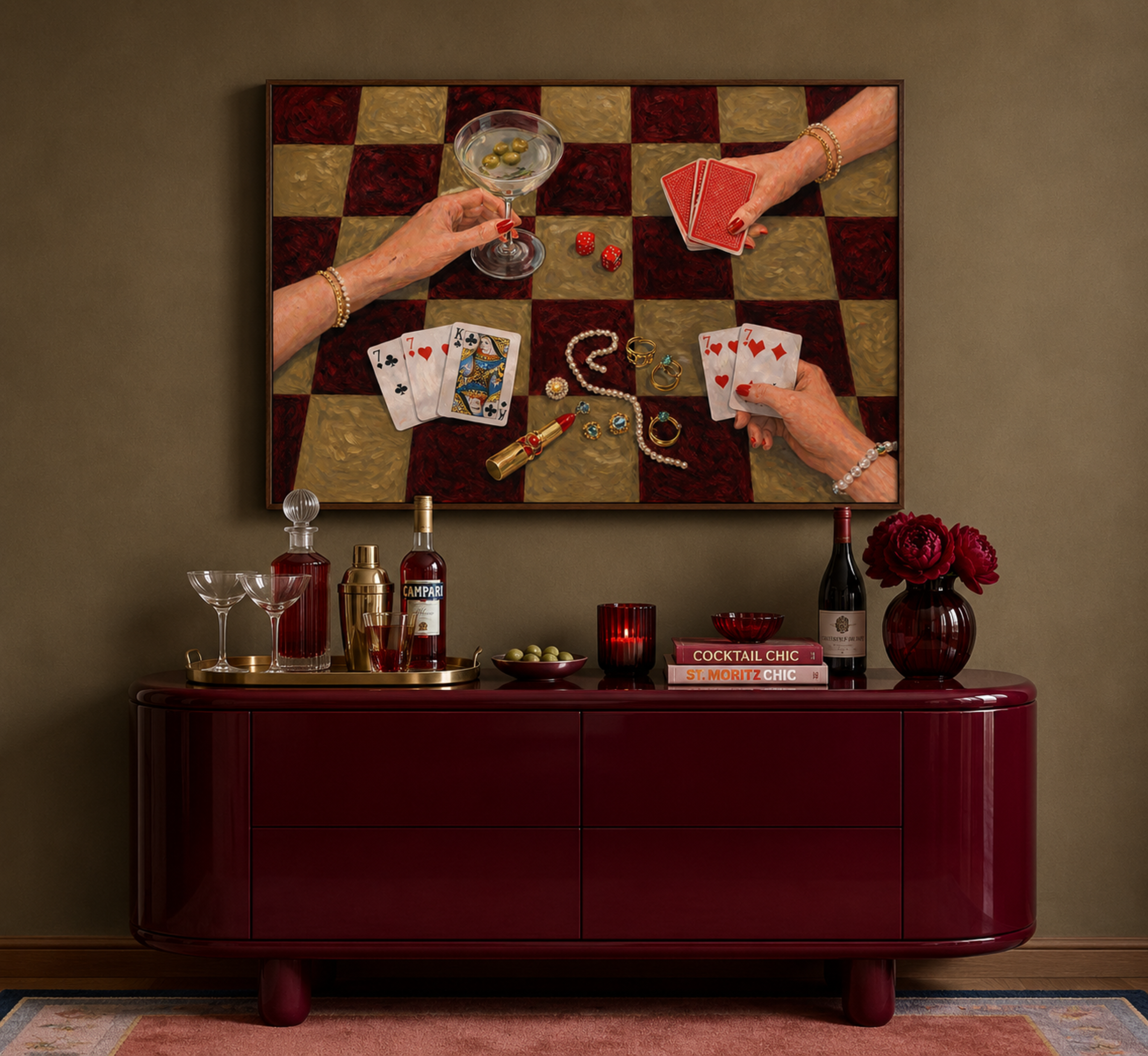 House always wins is a hand painted wall art print featuring a still life table with hands playing card games, in checkerboard khaki and burgundy tones, inspired by Poker Night Casino aesthetic, Martinis and feminine rituals, celebrating poker, pearls and playful luxury. Horizontal poker night casino still life table oil painting wall art print