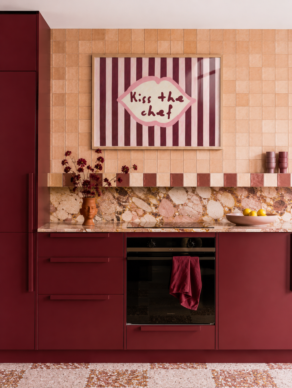 Playful Kitchen Funny Typography wall art with Handwritten quote "Kiss the chef" on a retro striped background in ruby blue tones with lips motif. This is a hand drawn Oil Painting kitchen art Print decor.