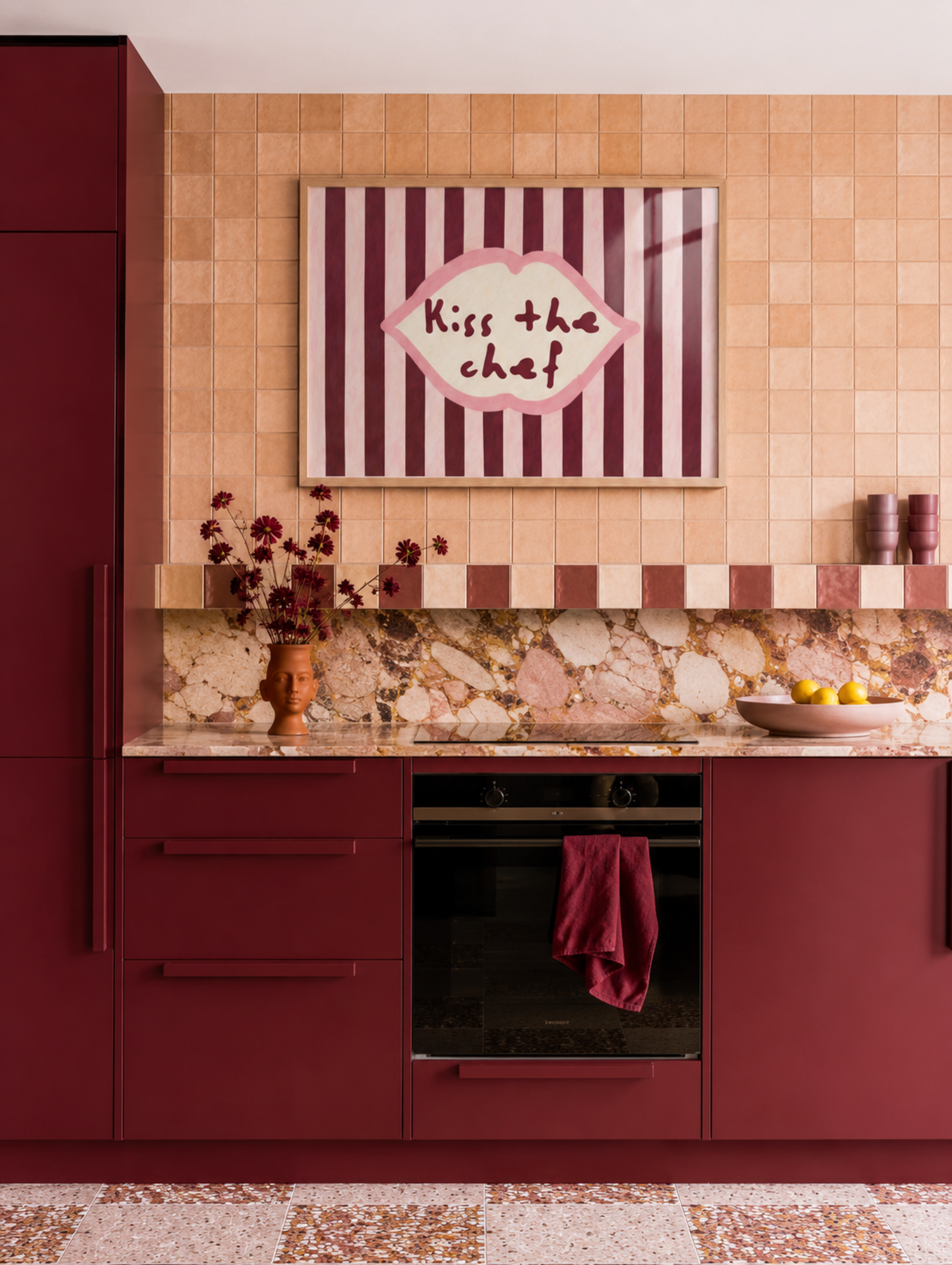 Playful Kitchen Funny Typography wall art with Handwritten quote "Kiss the chef" on a retro striped background in ruby blue tones with lips motif. This is a hand drawn Oil Painting kitchen art Print decor.