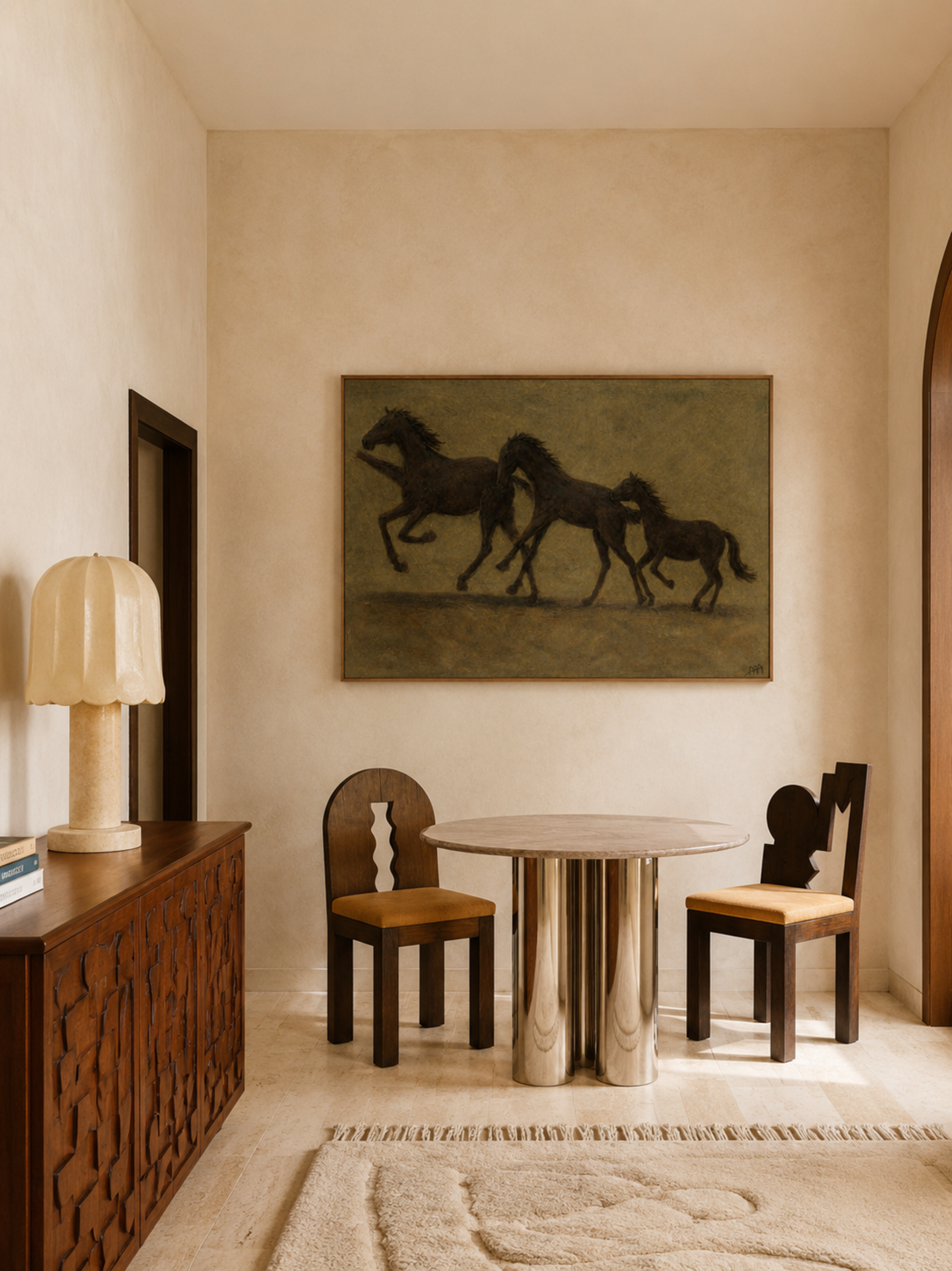 Minimalist abstract Horse Family wall art featuring three white horses running against a neutral warm sand background, inspired by western and contemporary folk aesthetics. This is a hand drawn Contemporary western art Print Oil Painting.