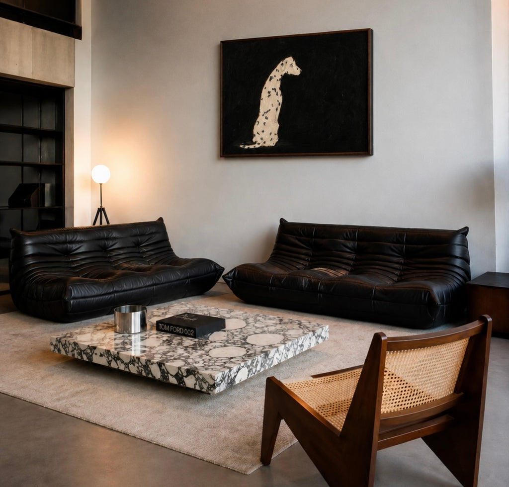 the spotty one is a hand painted Minimalist Contemporary wall art print of a dalmatian dog sitting against a black background, inspired by quiet luxury interiors with expressive painterly texture. Minimalist Mid century modern dalmatian dog oil painting in cinematic nostalgia composition.
