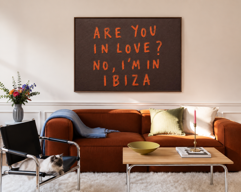 hand drawn trendy location / city  typography print in grafitti style with the quote "ARE YOU IN LOVE? NO, IM IN IBIZA" in a textured canva. This is a trendy minimalist typography wall art print ideal for above bed, bedrooms, dorm room decor, living rooms and kitchens, gallery walls and playful interiors. The perfect Cool Girl Apartment decor