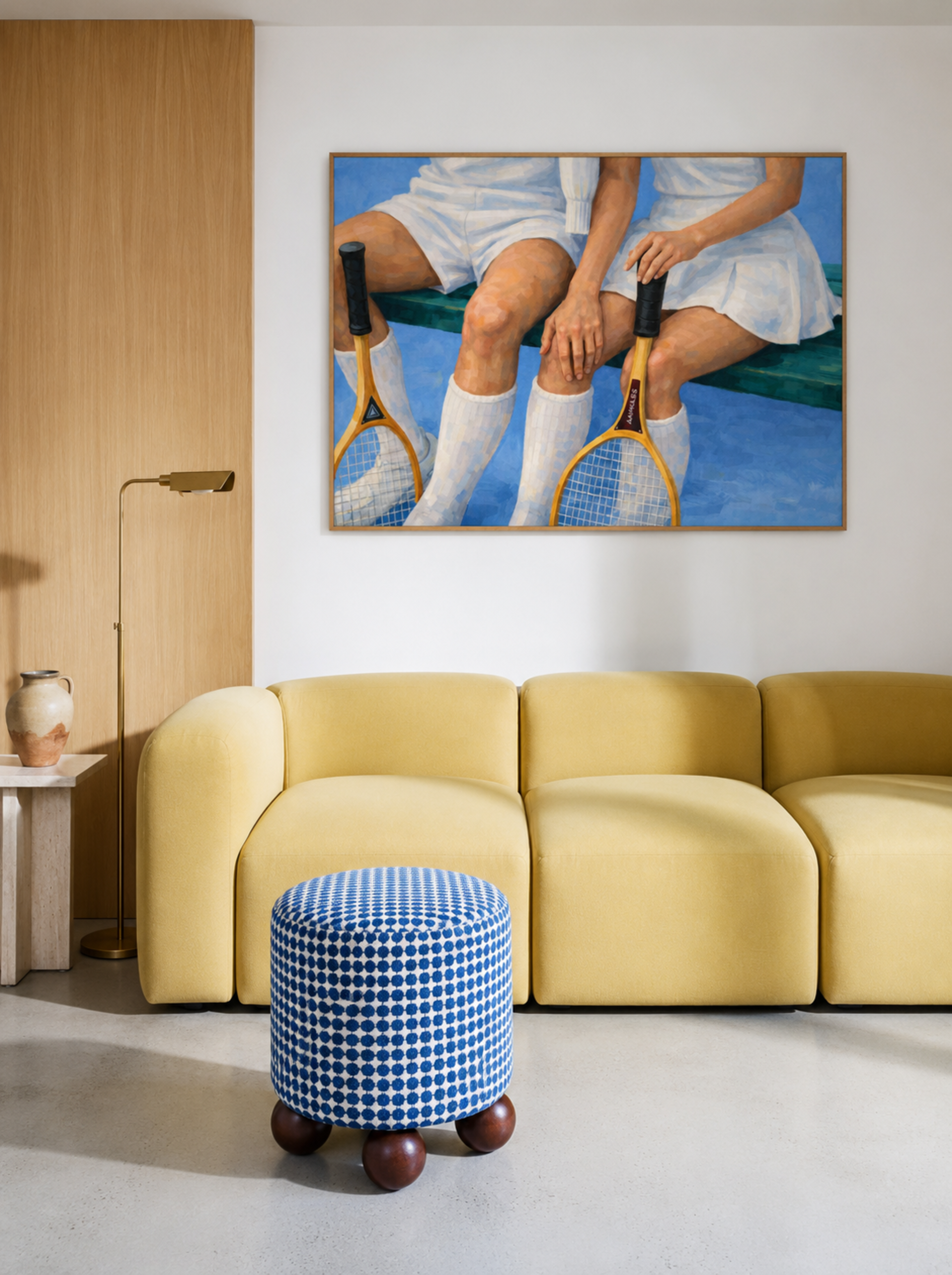 The tennis club is a hand painted Contemporary and figurative wall art of two tennis players / a couple seated with vintage rackets, inspired by nostalgic mid century summer aesthetics, against a blue background with expressive painterly texture. Minimalist Mid century modern oil painting in cinematic nostalgia composition.