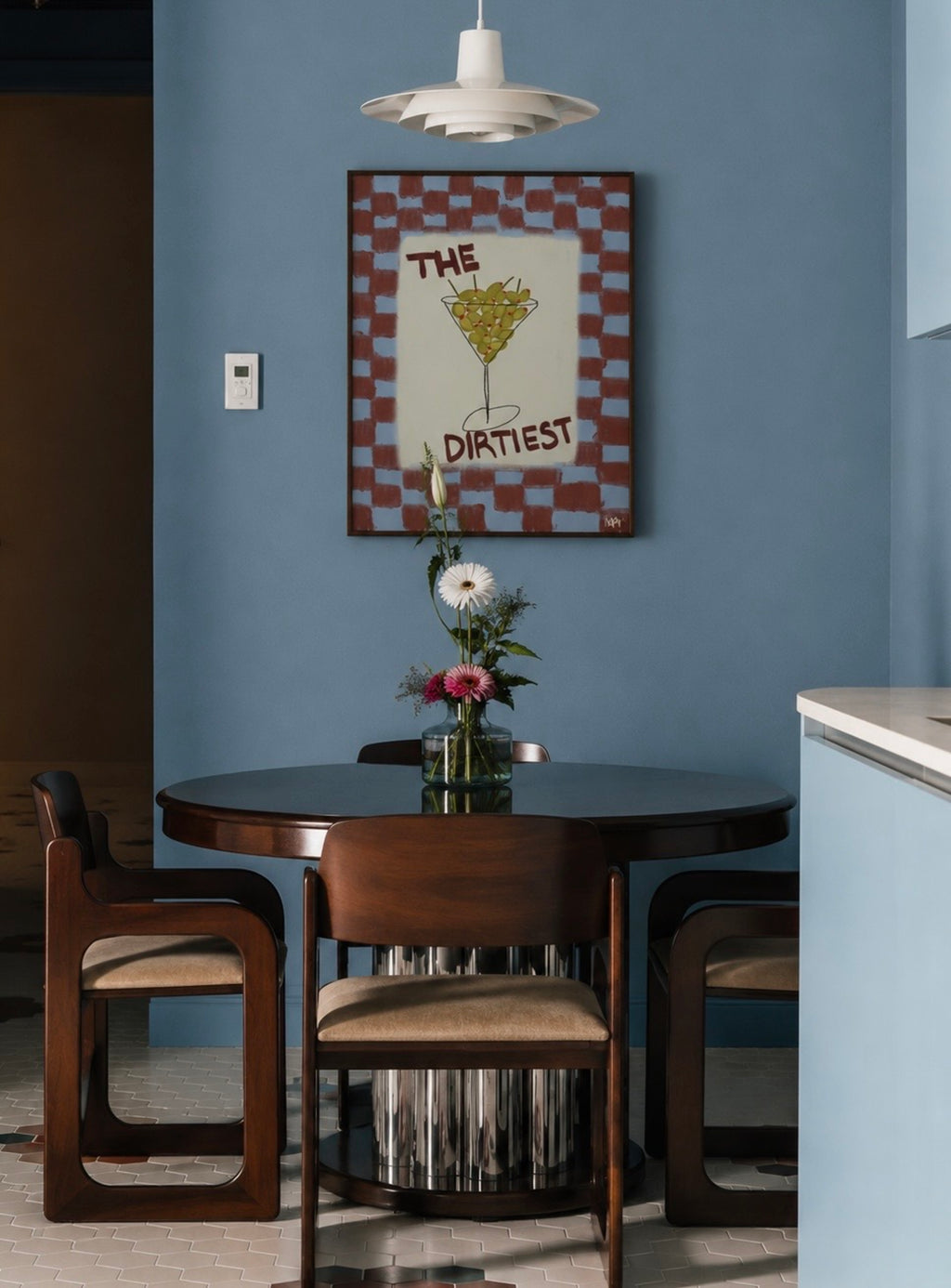 Playful Hand drawn Kitchen Funny Typography wall art with an Olive Martini illustration and the phrase "The Dirtiest" on a retro checkered background in blue and burgundy tones. This is a hand drawn Oil Painting kitchen and bar cart art Print decor.