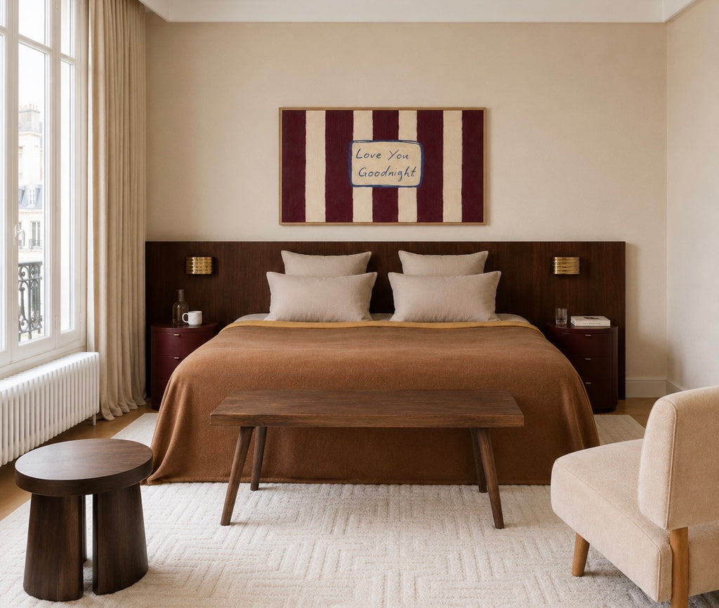 hand drawn Playful typography print with the phrase "Love You Goodnight" on a retro burgundy striped background, on textured oil painting canva. This is a hand drawn trendy typography wall art print ideal for bedrooms, dorm room decor, gallery walls and playful interiors.