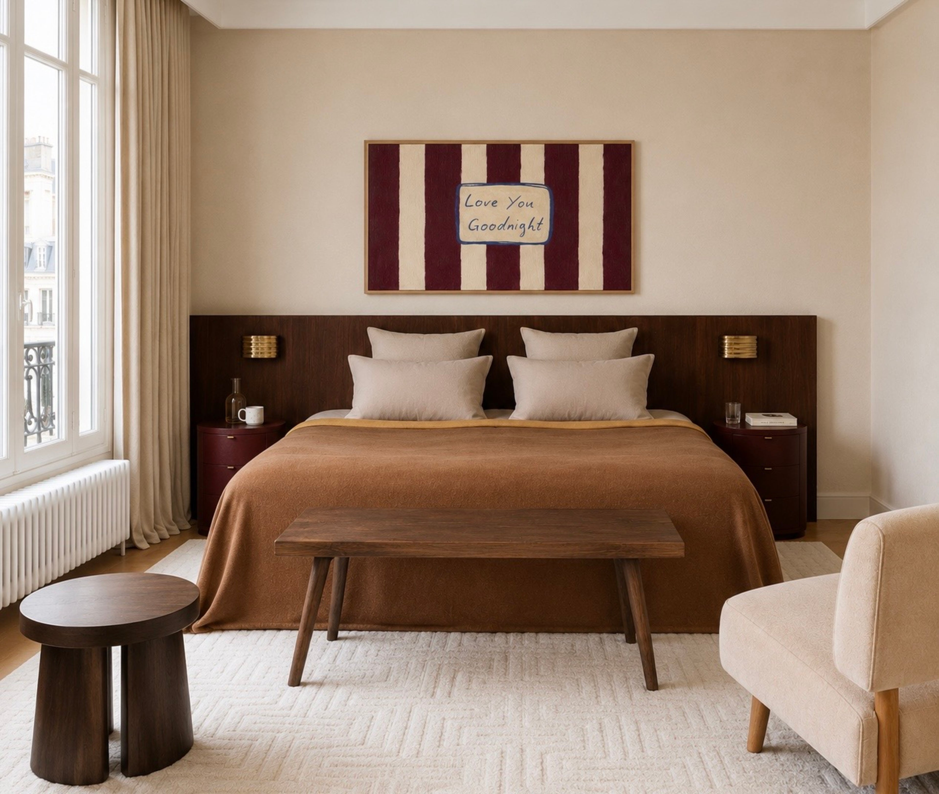 hand drawn Playful typography print with the phrase "Love You Goodnight" on a retro burgundy striped background, on textured oil painting canva. This is a hand drawn trendy typography wall art print ideal for bedrooms, dorm room decor, gallery walls and playful interiors.