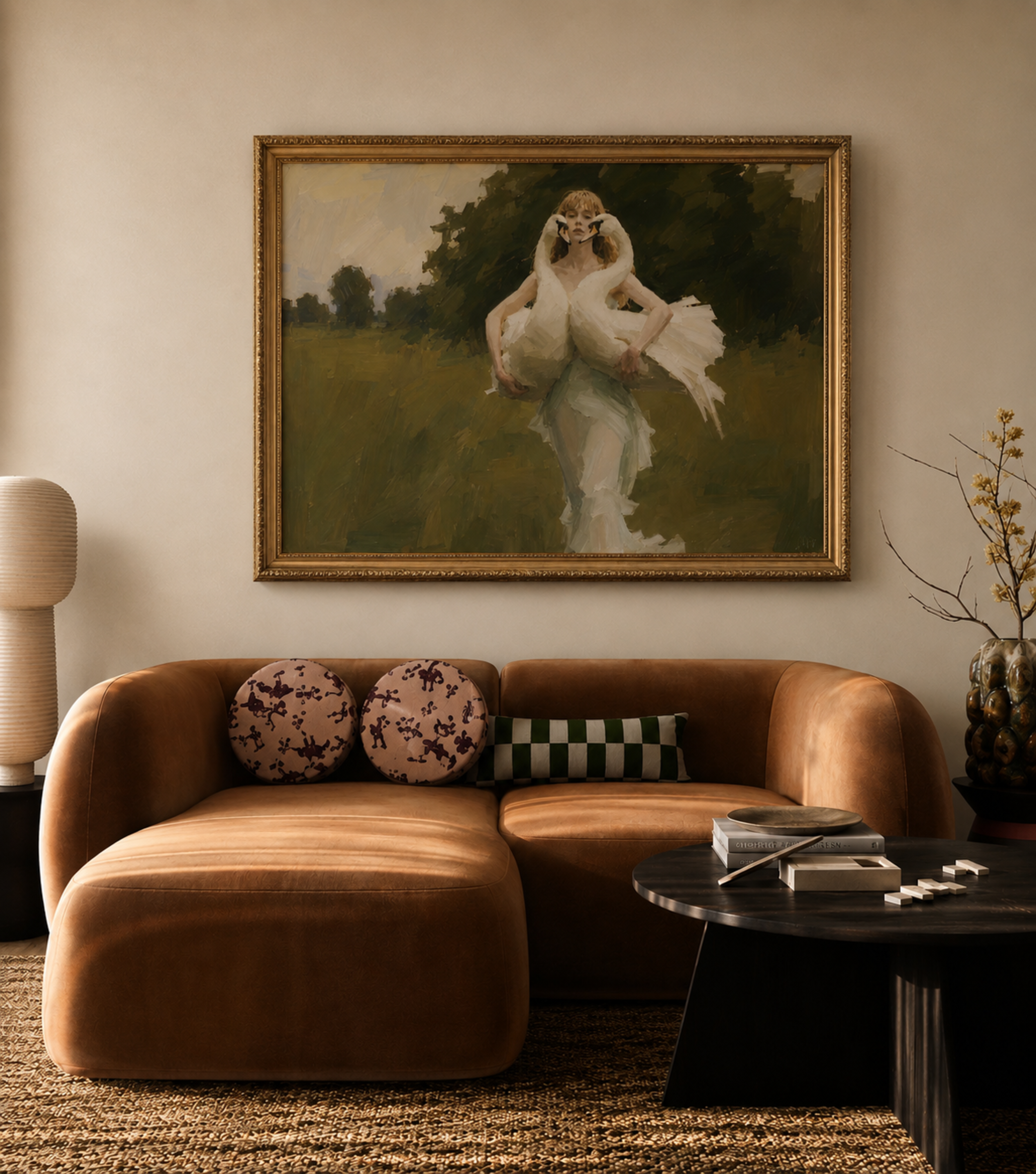 the swan keeper is a hand painted contemporary figurative wall art print of a woman with two white swans in her arms, inspired by contemporary figurative painting, cinematic images, the melancholy beauty of old films, bringing storytelling, atmosphere. large textured canva oil painting wall art print