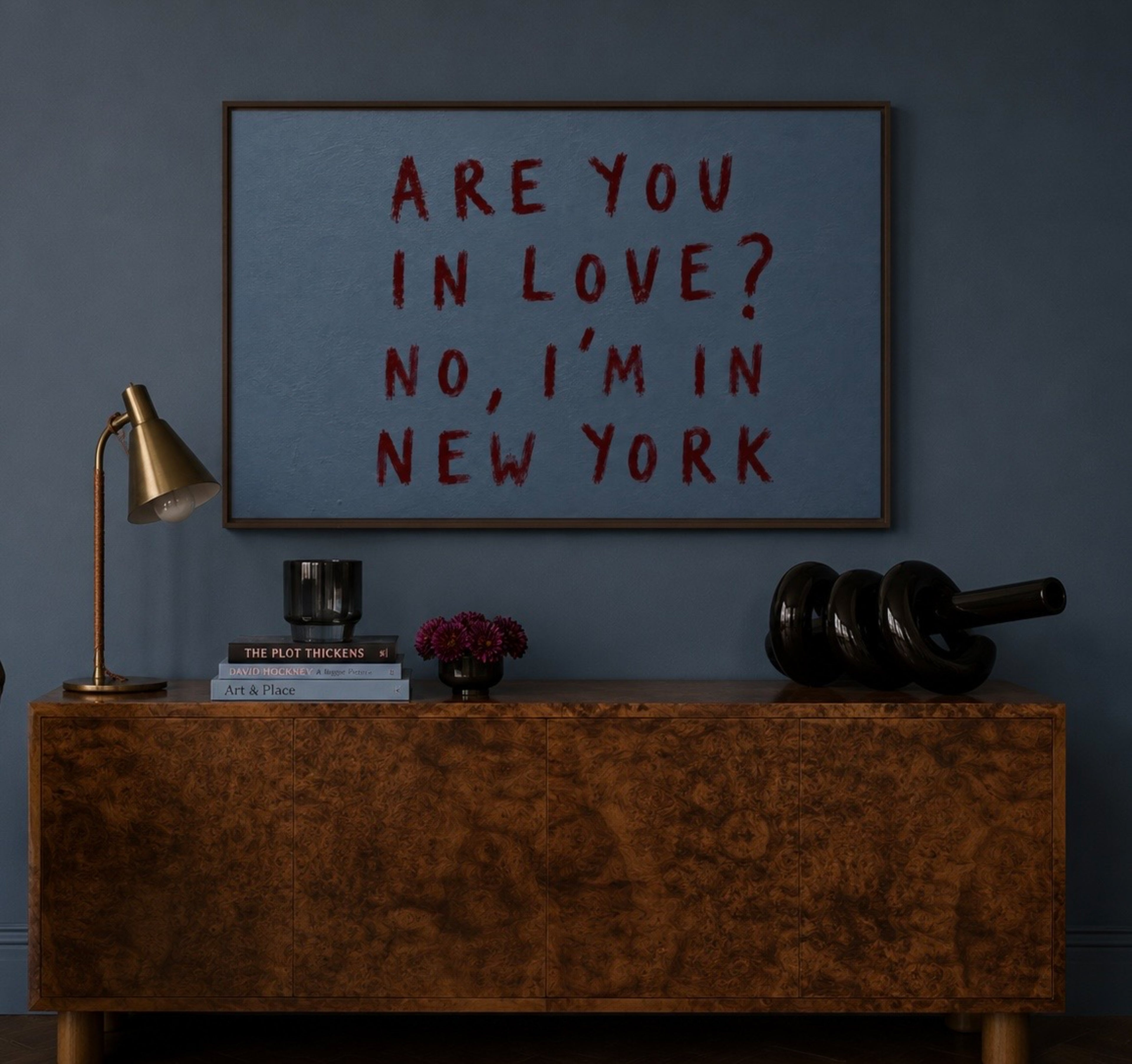 hand drawn trendy location / city  typography print in grafitti style with the quote "ARE YOU IN LOVE? NO, IM IN NEW YORK" in a textured canva. This is a trendy minimalist typography wall art print ideal for above bed, bedrooms, dorm room decor, living rooms and kitchens, gallery walls and playful interiors. The perfect Cool Girl Apartment decor