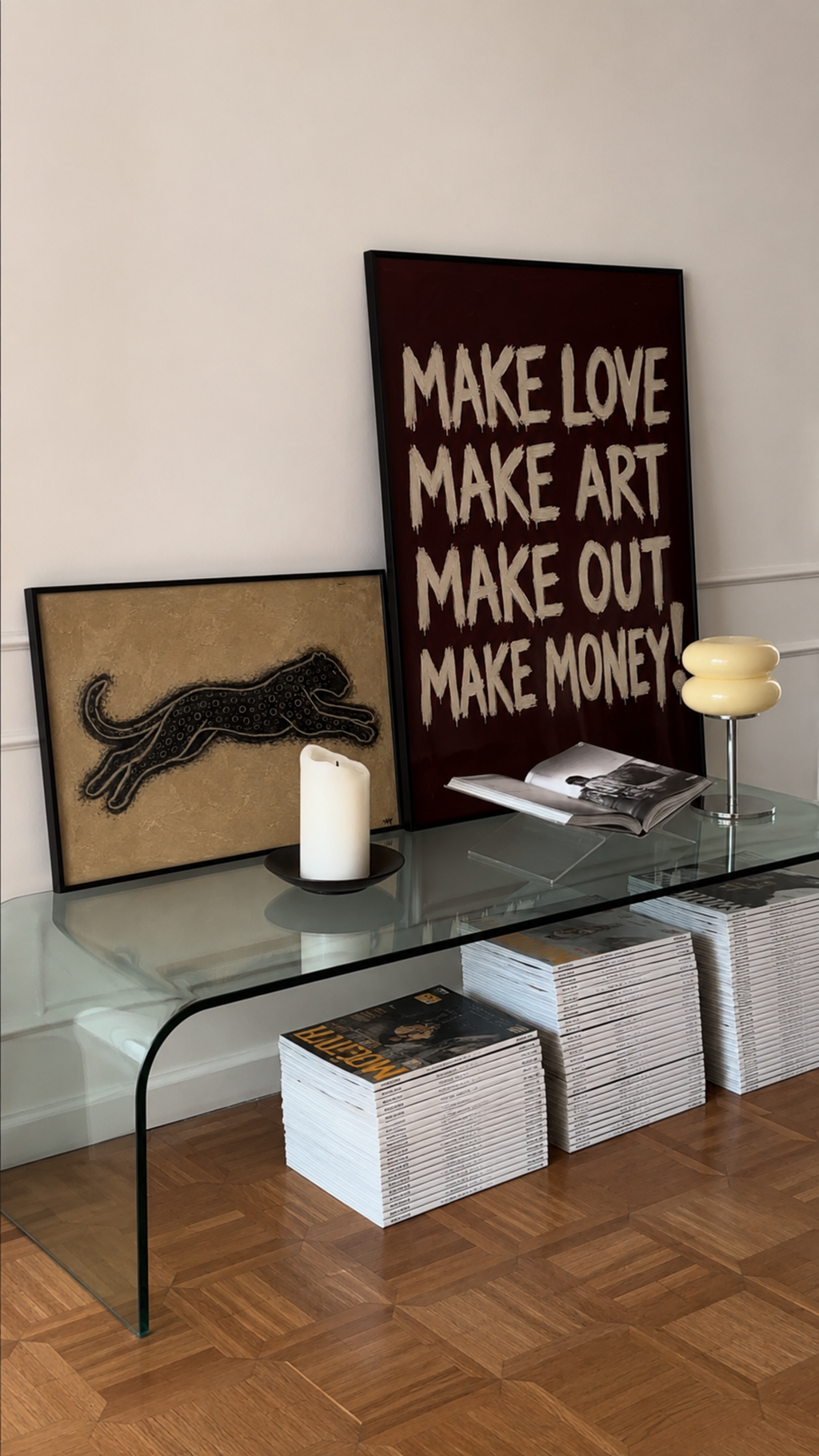 the silent hunt is a hand painted Minimalist Vintage symbolic wall art print of a Black panther / leopard running against a neutral background, inspired by quiet luxury interiors, symbolizing strength and movement. Minimalist Mid century modern cheetah panther oil painting