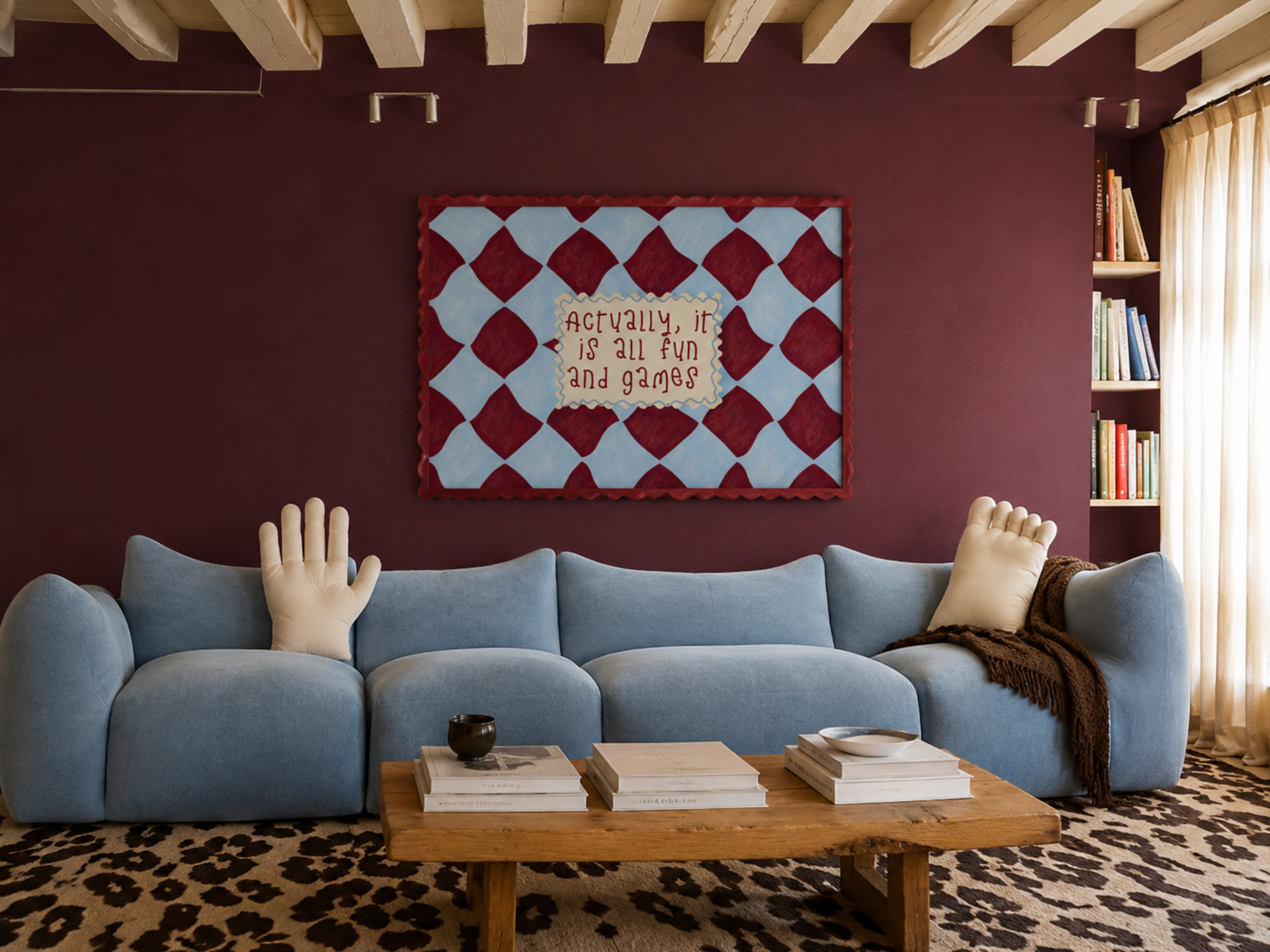 hand drawn Playful typography print with the phrase "actually its all fun and games" in a retro checkered blue and ruby burgundy, on textured oil painting canva. This is a hand drawn trendy funny typography wall art print ideal for above bed, bedrooms, dorm room decor, living rooms and kitchens, gallery walls and playful interiors.