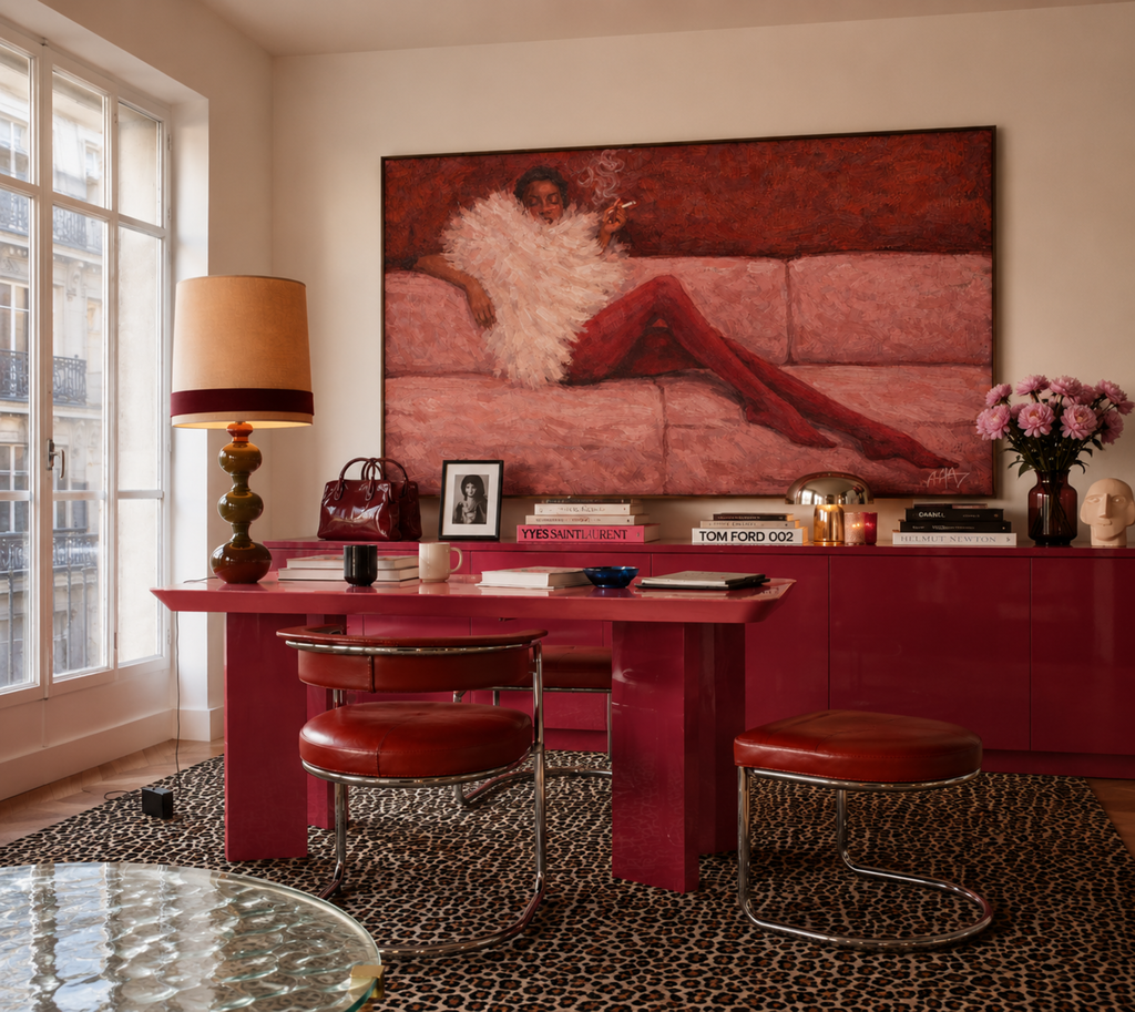 the last cigarette is a hand painted abstract fashion wall art print of a woman in a sofa wearing a fur and smoking cigarette in dusty pink and ruby tones, inspired by vintage glamour and maximalist cinematic luxury interiors, symbolizing femininity and nostalgic glamour. Mid century modern fashion woman smoking on a sofa oil painting