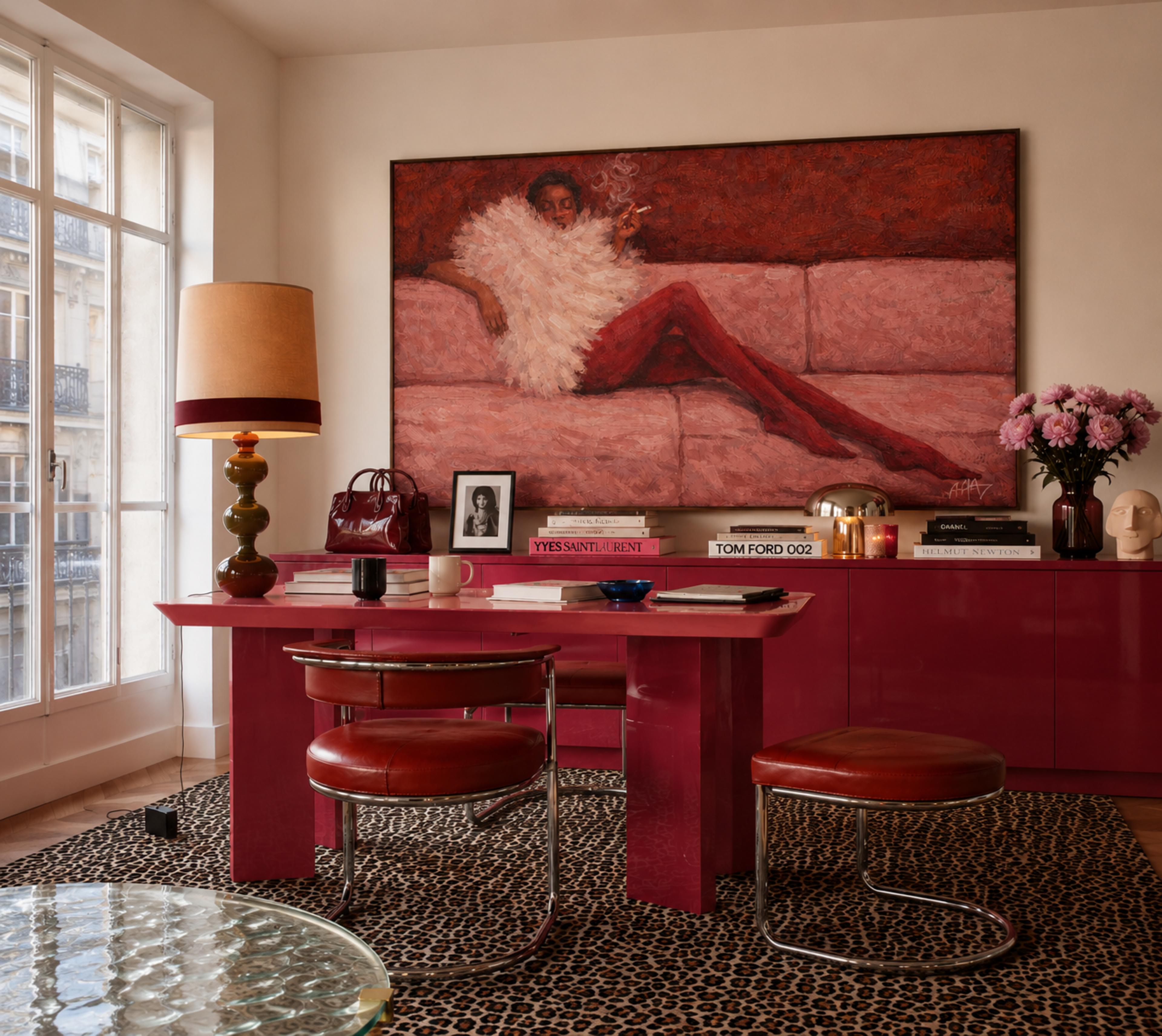 the last cigarette is a hand painted abstract fashion wall art print of a woman in a sofa wearing a fur and smoking cigarette in dusty pink and ruby tones, inspired by vintage glamour and maximalist cinematic luxury interiors, symbolizing femininity and nostalgic glamour. Mid century modern fashion woman smoking on a sofa oil painting