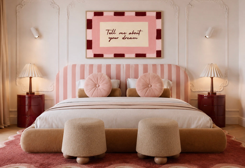 hand drawn Playful typography print with the phrase "Tell me about your dream" in pink and ruby burgundy, on textured oil painting canva. This is a hand drawn trendy typography wall art print ideal for above bed, bedrooms, dorm room decor, gallery walls and playful interiors.