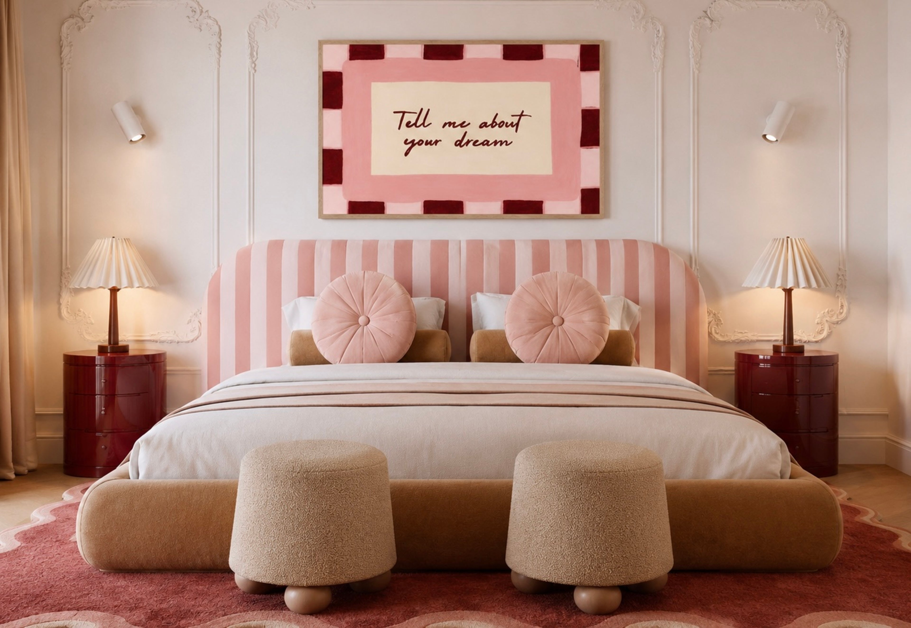 hand drawn Playful typography print with the phrase "Tell me about your dream" in pink and ruby burgundy, on textured oil painting canva. This is a hand drawn trendy typography wall art print ideal for above bed, bedrooms, dorm room decor, gallery walls and playful interiors.