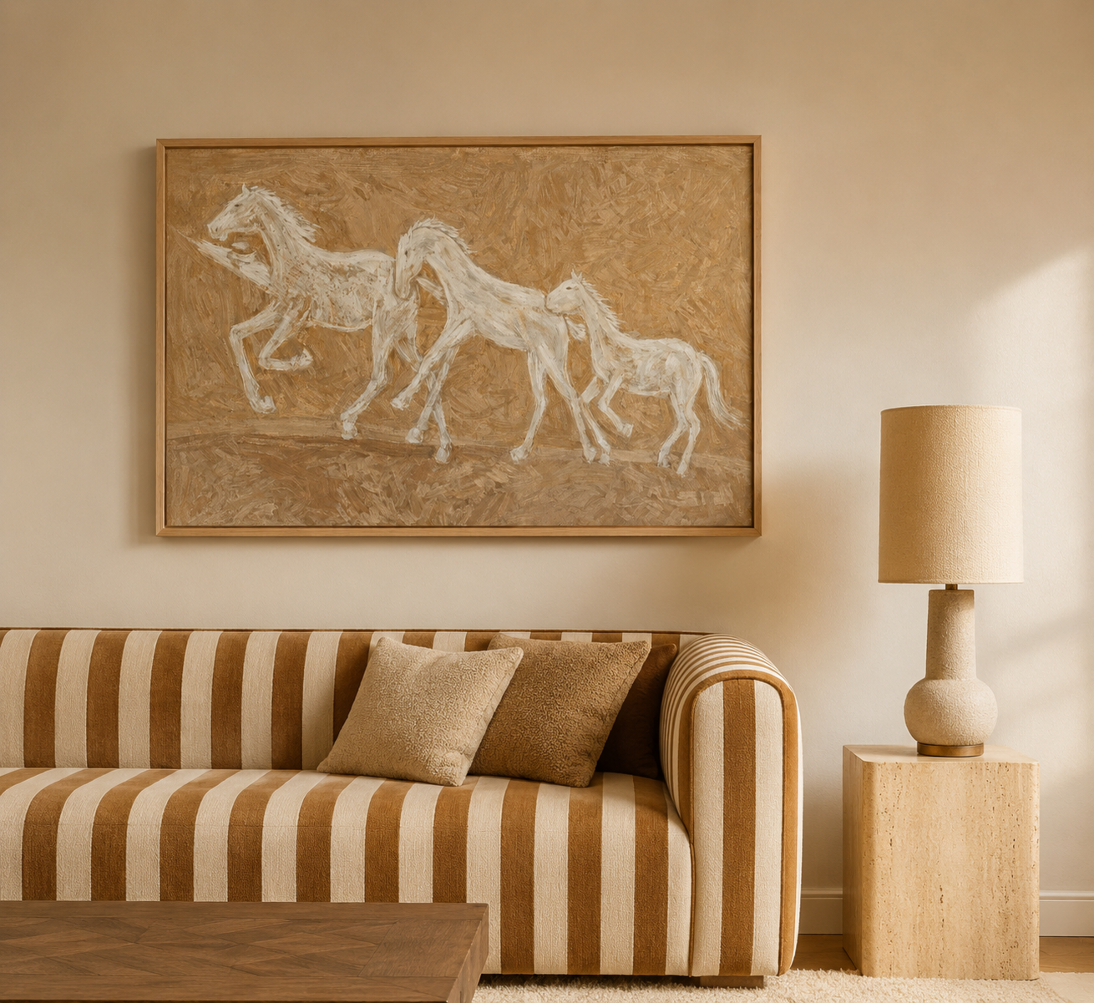 Minimalist abstract Horse Family wall art featuring three white horses running against a neutral warm sand background, inspired by western and contemporary folk aesthetics. This is a hand drawn Contemporary western art Print Oil Painting.
