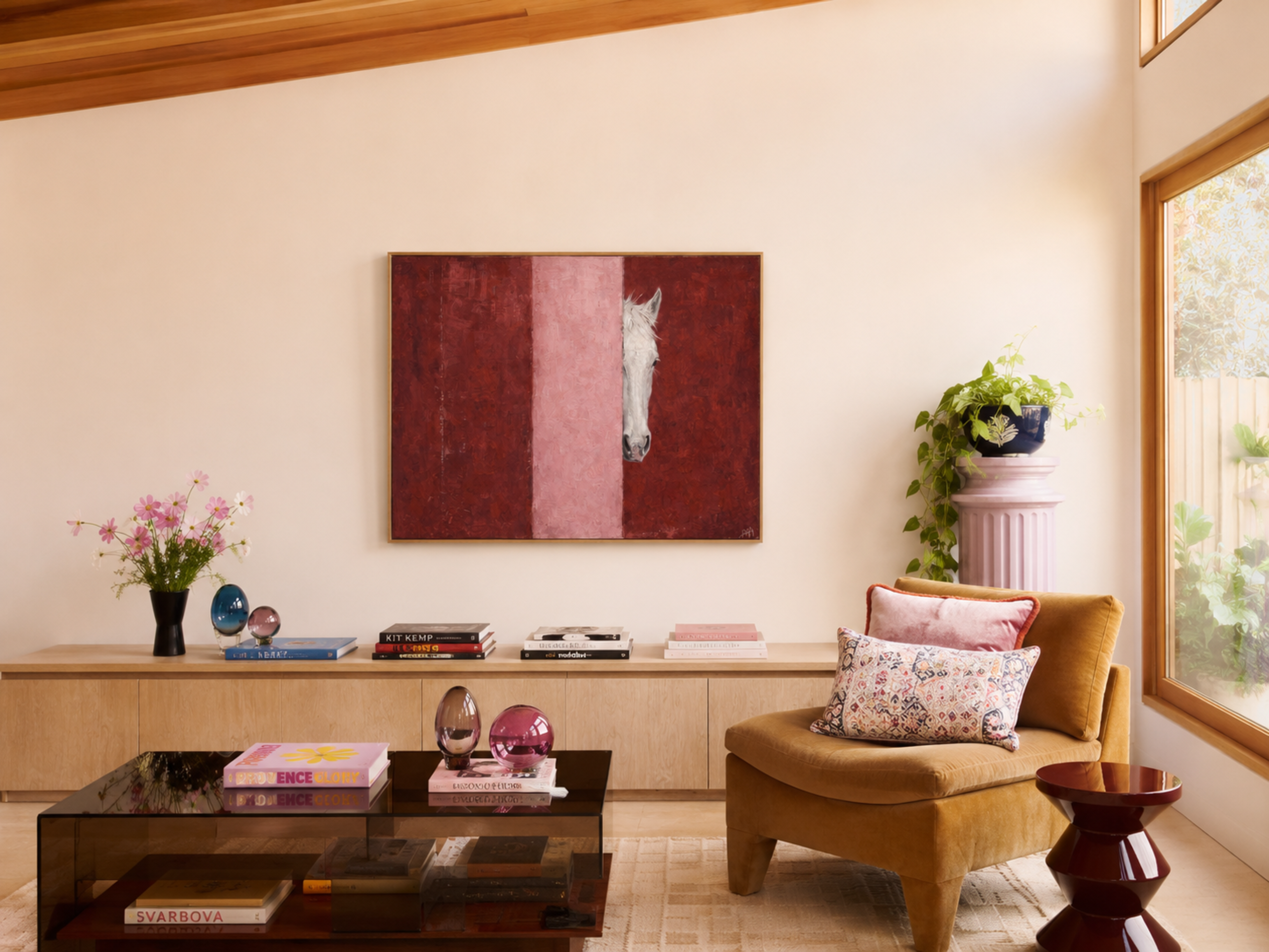 The Hidden Horse is a Contemporary Oil Painting Horse Art Print in ruby pink tones, featuring a minimalist Horse Portrait