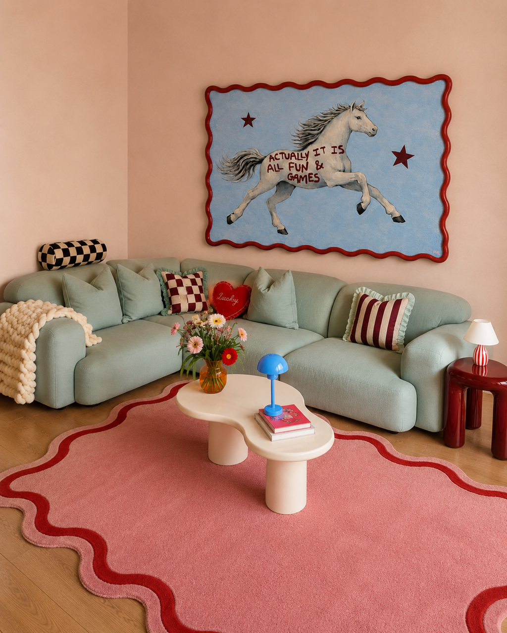 A surreal Symbolic artwork featuring a White Horse running against a pale blue background with Burgundy stars. The Horse has handwritten quote "Actually It Is All Fun and Games". This is a hand drawn Contemporary Folk art Print Oil Painting.