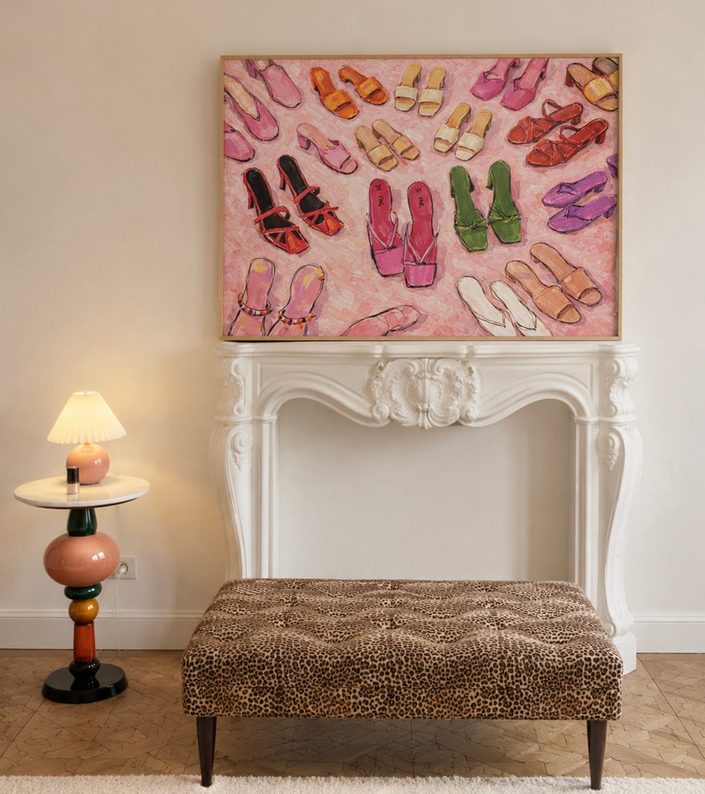 playful collection of colourful heels in an oil painting wall art print with expressive brushwork, feminine colour palettes and contemporary fashion illustration.Playful yet sophisticated, this print brings personality, colour and fashion-focused charm to bedrooms, dressing rooms, walk-in closets, creative studios and stylish interiors. Inspired by fashion editorials, vintage illustrations and the relationship between women and their shoes, this piece celebrates individuality, self-expression everyday glamo