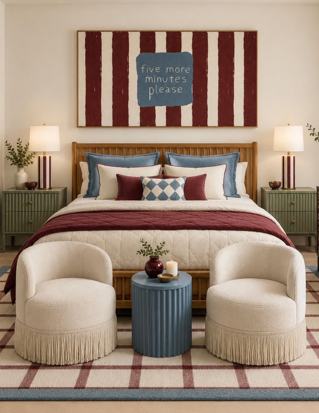 hand drawn Playful funny bedroom typography print with the phrase "five more minutes please" in striped burgundy, on textured oil painting canva. This is a hand drawn trendy typography wall art print ideal for above bed, bedrooms, dorm room decor, living rooms and kitchens, gallery walls and playful interiors