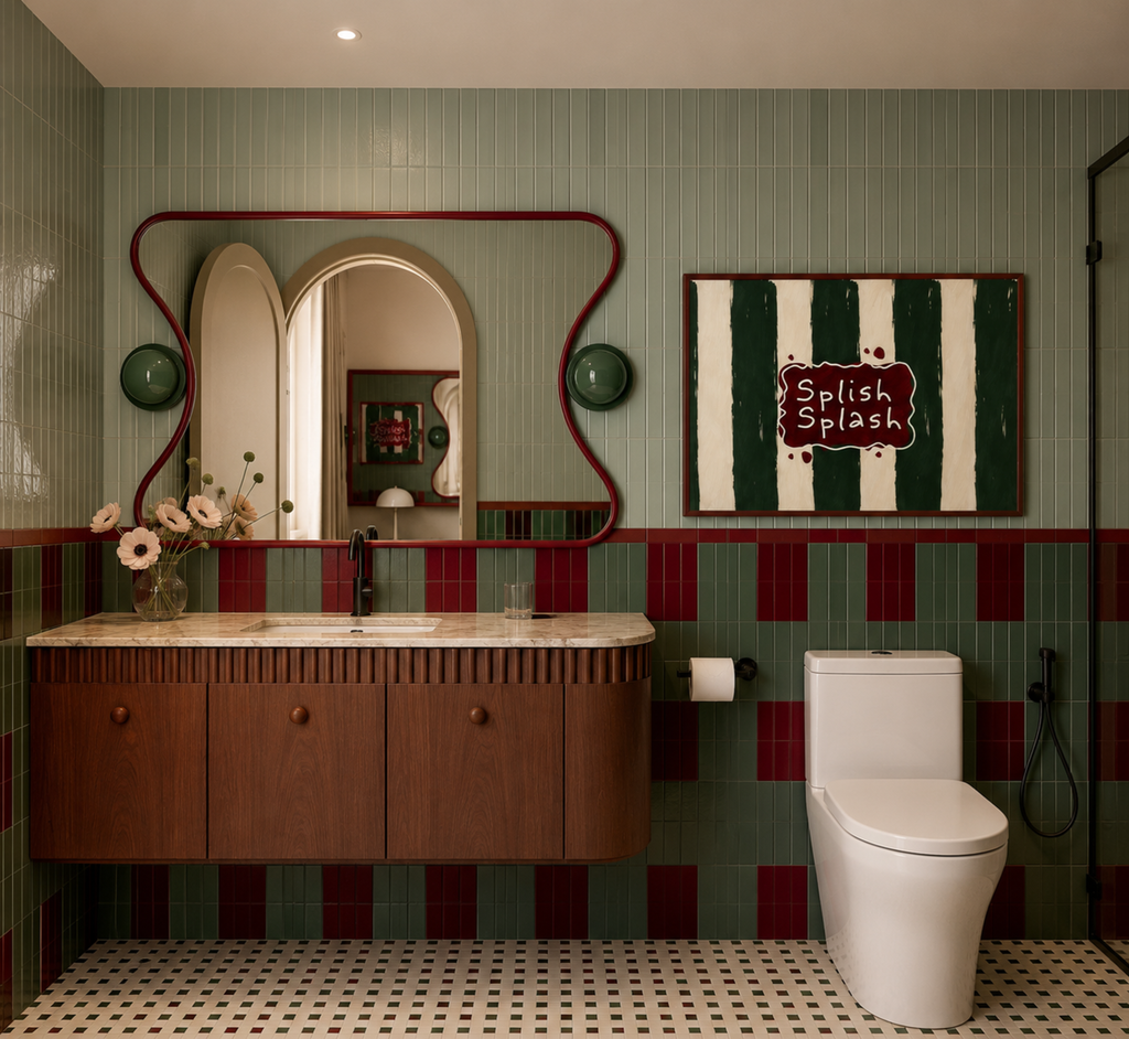 SPLISH SPLASH is a whimsical Retro typography art print designed to bring humour, colour and personality into your bathroom and laundry room. Featuring vintage-inspired Striped patterns and hand-lettered typography, this artwork captures the nostalgic charm while adding a playful decorative touch to modern interiors. this is a hand drawn Retro quote wall art, ideal for bathrooms, laundry room decor, and cheeky playful interiors. Blue burgundy