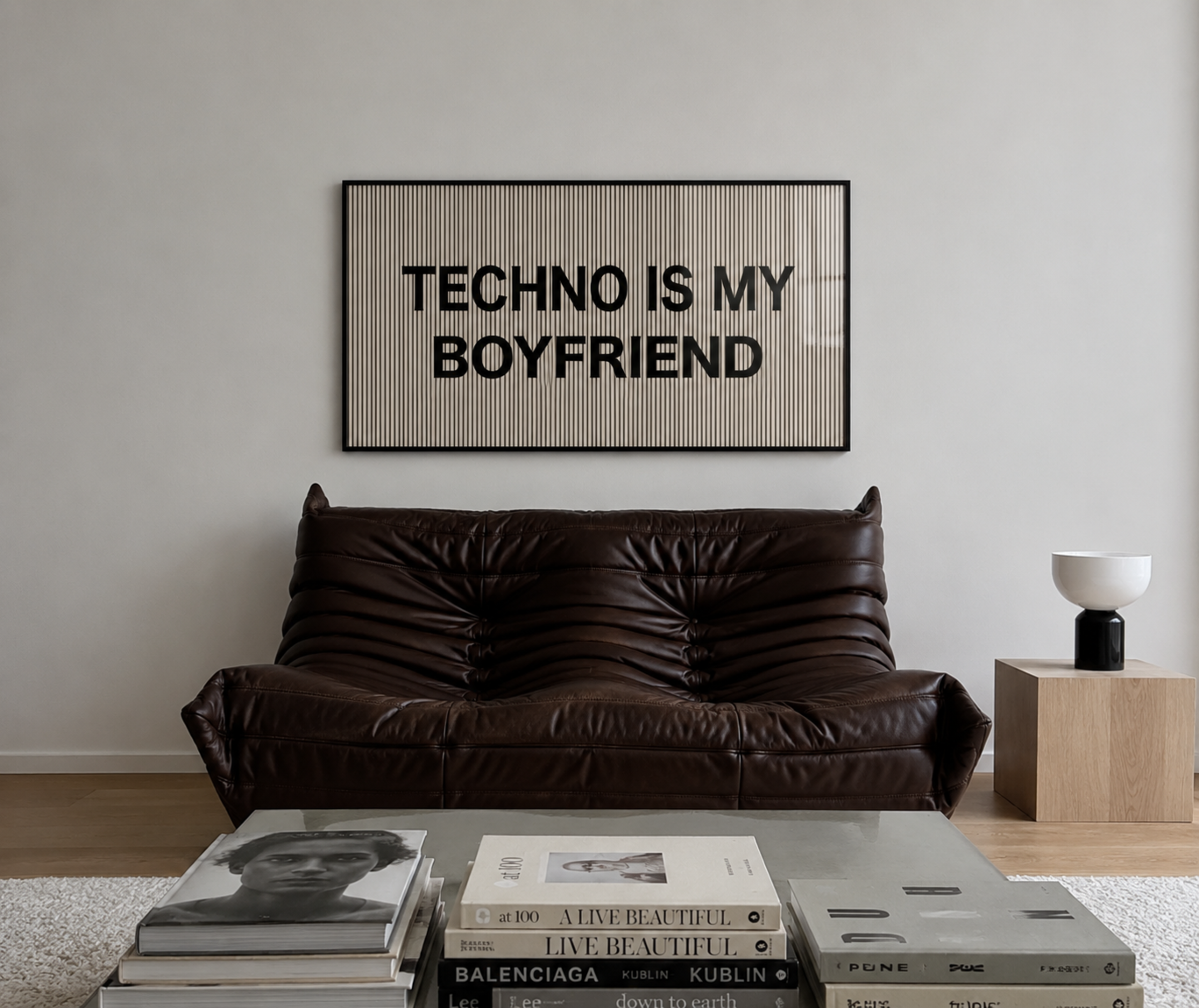 hand drawn Playful Funny typography print with the phrase "TECHNO IS MY BOYFREIND" in a retro striped neutral canva. This is a trendy funny typography wall art print ideal for above bed, bedrooms, dorm room decor, living rooms and kitchens, gallery walls and playful interiors. The perfect Cool Girl Apartment decor