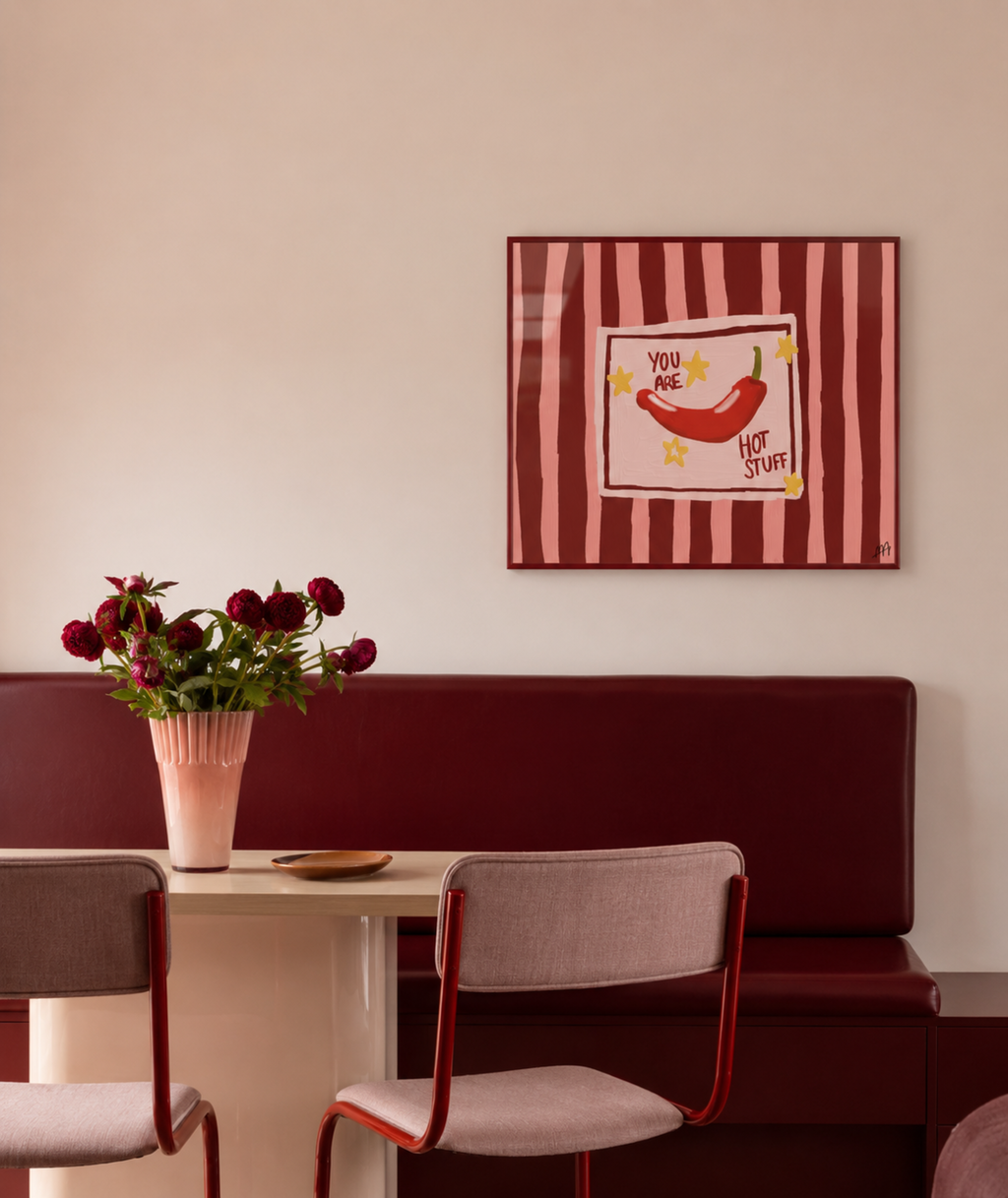Playful Hand drawn Kitchen Funny Typography wall art with a hot red chilli peper illustration and the phrase "You are Hot Stuff" on a retro striped background in pink and ruby tones. This is a hand drawn Oil Painting kitchen and bar cart art Print decor for playful kitchens, dining spaces and eclectic interiors.