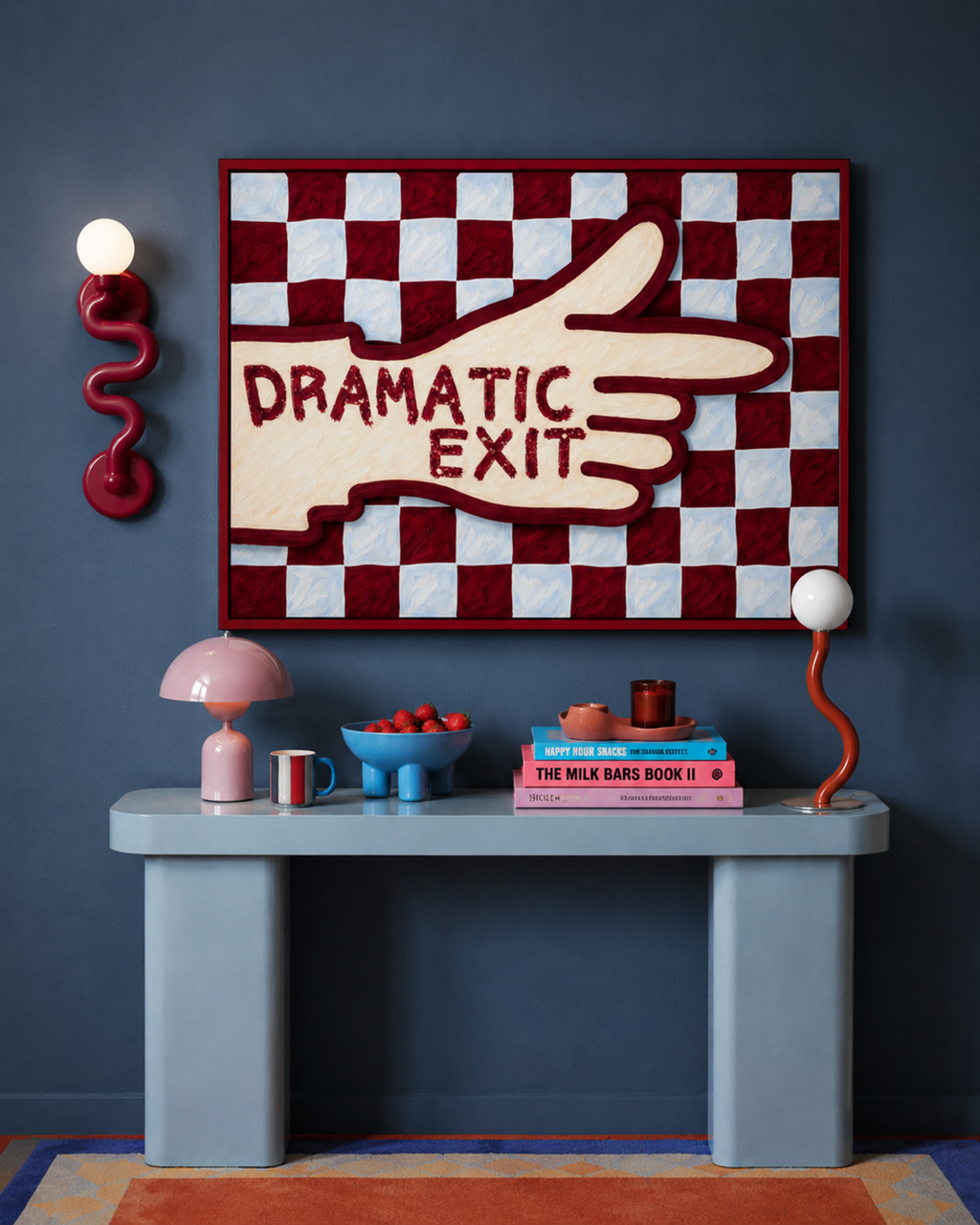 hand drawn Playful typography print with the phrase "Dramatic Exit" on a retro checkerboard pattern in blue and burgundy, on textured oil painting canva. This is a hand drawn trendy typography wall art print ideal for hallway, entryway, living rooms, dorm room decor, gallery walls and playful interiors.