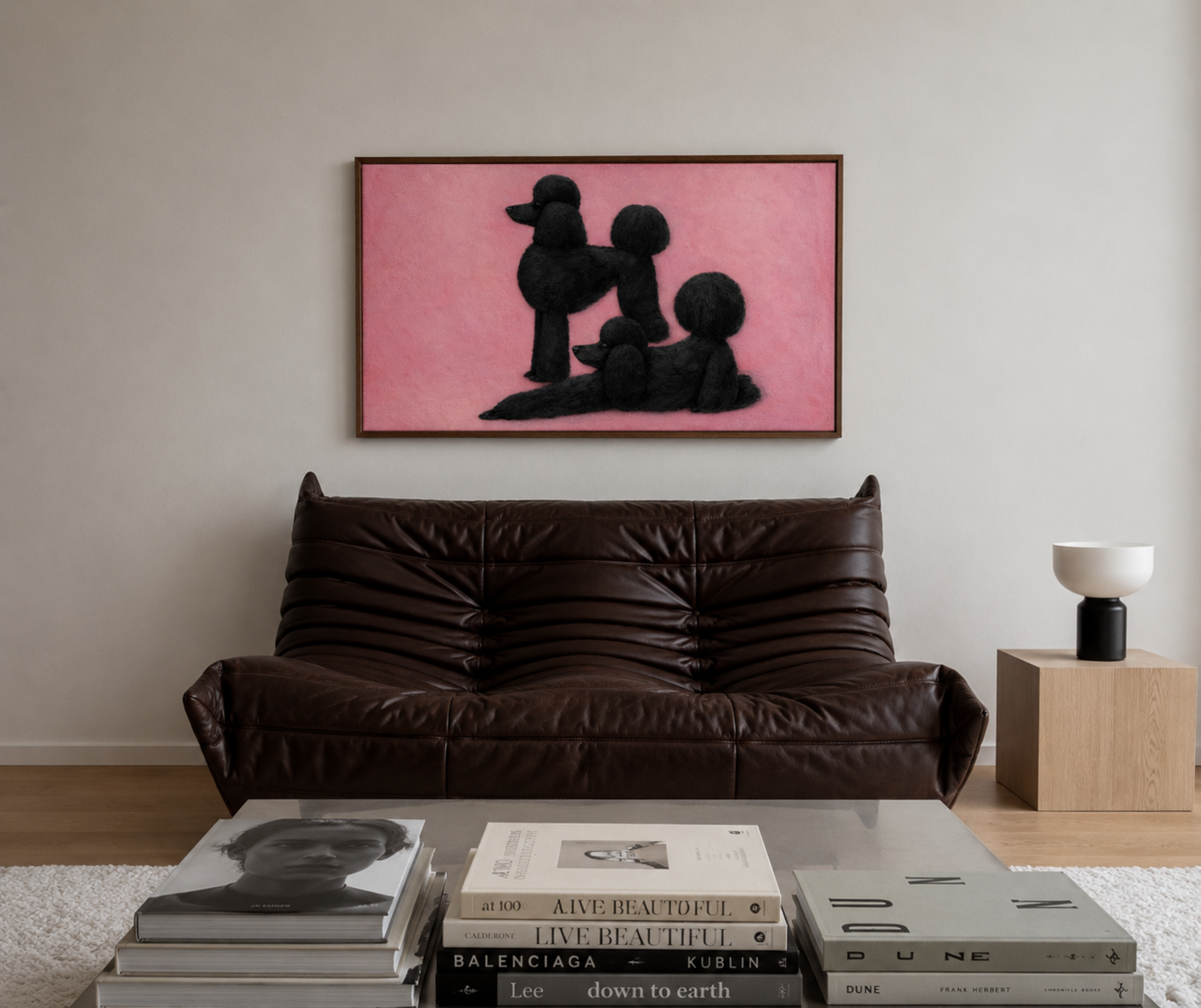 Poodle etiquette is a hand painted Minimalist Contemporary whimsical wall art print of two white poodles against a pastel blue background, inspired by quiet luxury interiors with expressive painterly texture. Minimalist Mid century modern figurative poodle dogs oil painting in cinematic nostalgia composition.