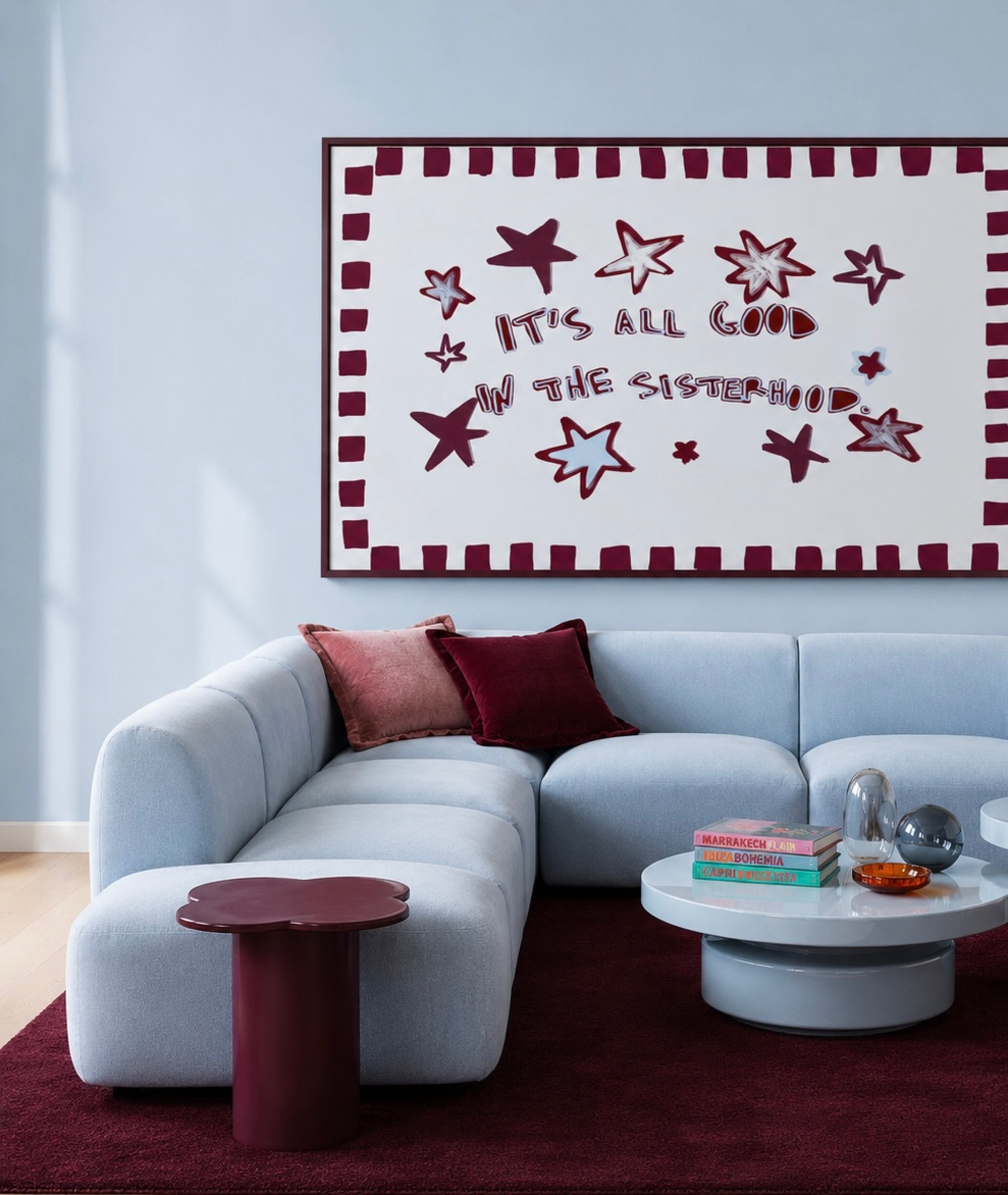 Playful typography print with the phrase "It's all good in the sisterhood" on a pink background with burgundy stars. This is a hand drawn trendy typography wall art print ideal for girly bedrooms, dorm room decor, sorority houses and gift for your best friend.