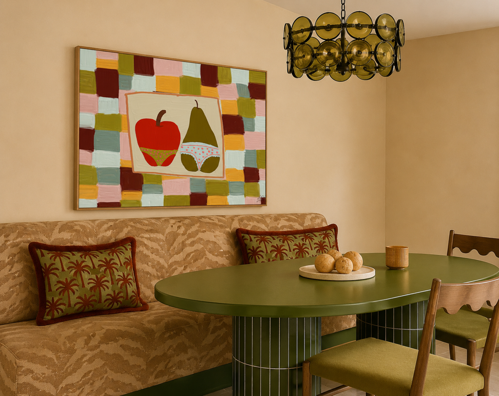 Playful Hand drawn Fruits Kitchen wall art with an illustrated apple and a pear wearing underwear on a colourful checkerboard background. This is a hand drawn Food Oil Painting kitchen and bar cart art Print decor for playful kitchens, dining spaces and eclectic interiors.