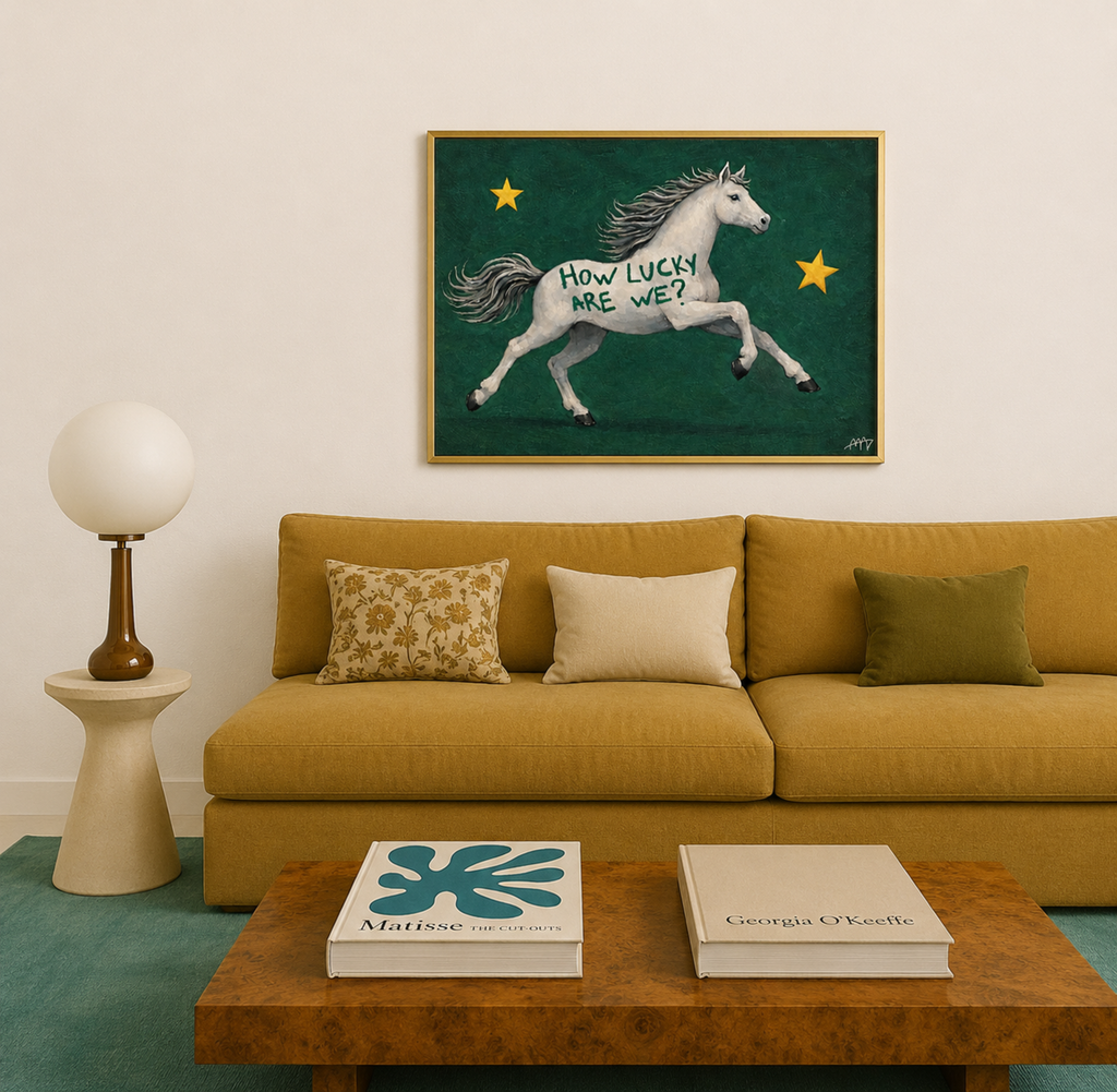 Symbolic Eclectic White Horse with red stars and handwritten quote "How Lucky Are We?" on a soft pink background. This is a hand drawn Contemporary Folk art Print Oil Painting.