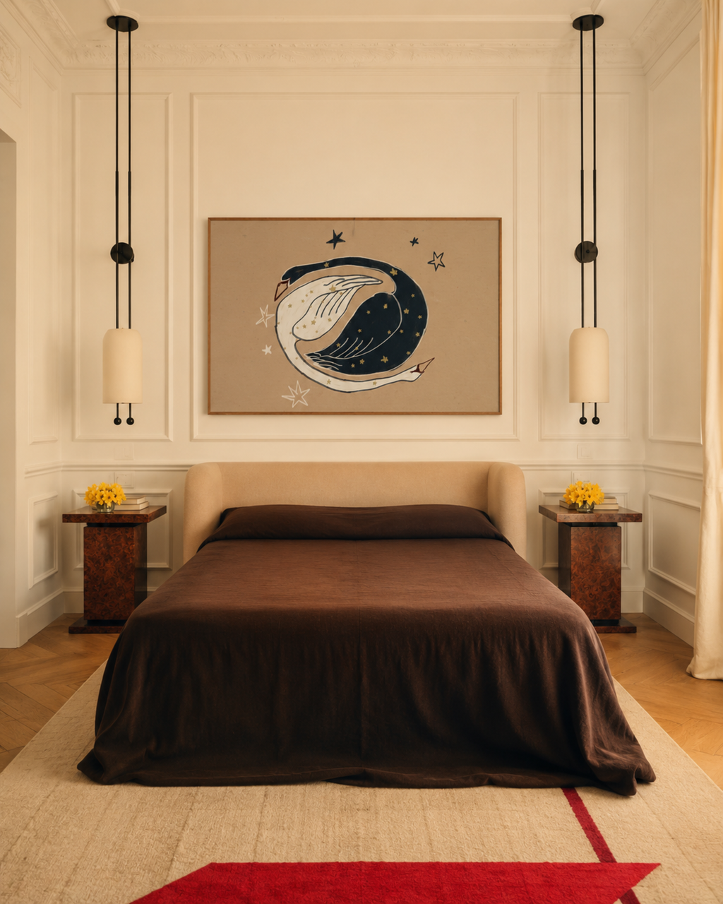 eternal orbit is a hand painted Minimalist Vintage symbolic swan wall art print of two swans, one black swan and one white swan, with celestial motifs against a neutral background, inspired by quiet luxury interiors. Minimalist Mid century modern swans oil painting