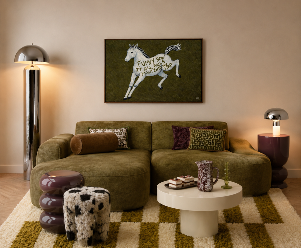 A surreal Symbolic artwork featuring a White Horse running against a deep khaki green background. The Horse has handwritten quote "Funny How It All Falls Right Into my Lap". This is a hand drawn Contemporary Folk art Print Oil Painting.