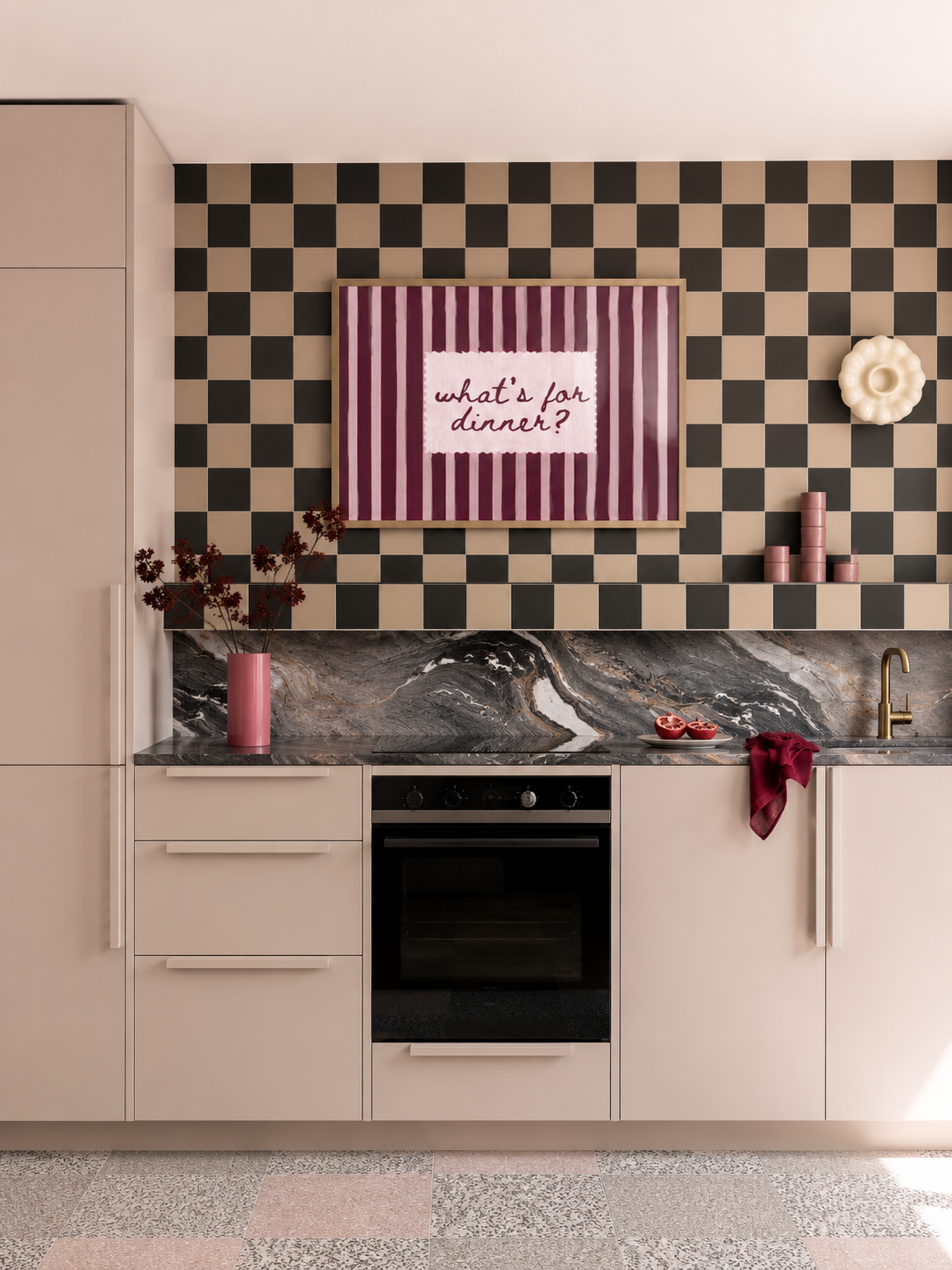 Playful Kitchen Funny Typography wall art with Handwritten quote "What's for dinner?" on a retro striped background in earthy khaki and off white tones. This is a hand drawn Oil Painting kitchen art Print decor.