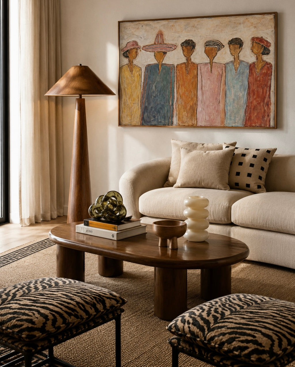 The gathering is a hand painted wall art print featuring abstract people multicultural, in calm neutral tones, inspired by contemporary figurative aesthetic, fashion illustration and modern portaiture, celebrating the people who surround us, memories and conversations. Horizontal large canva oil painting wall art print