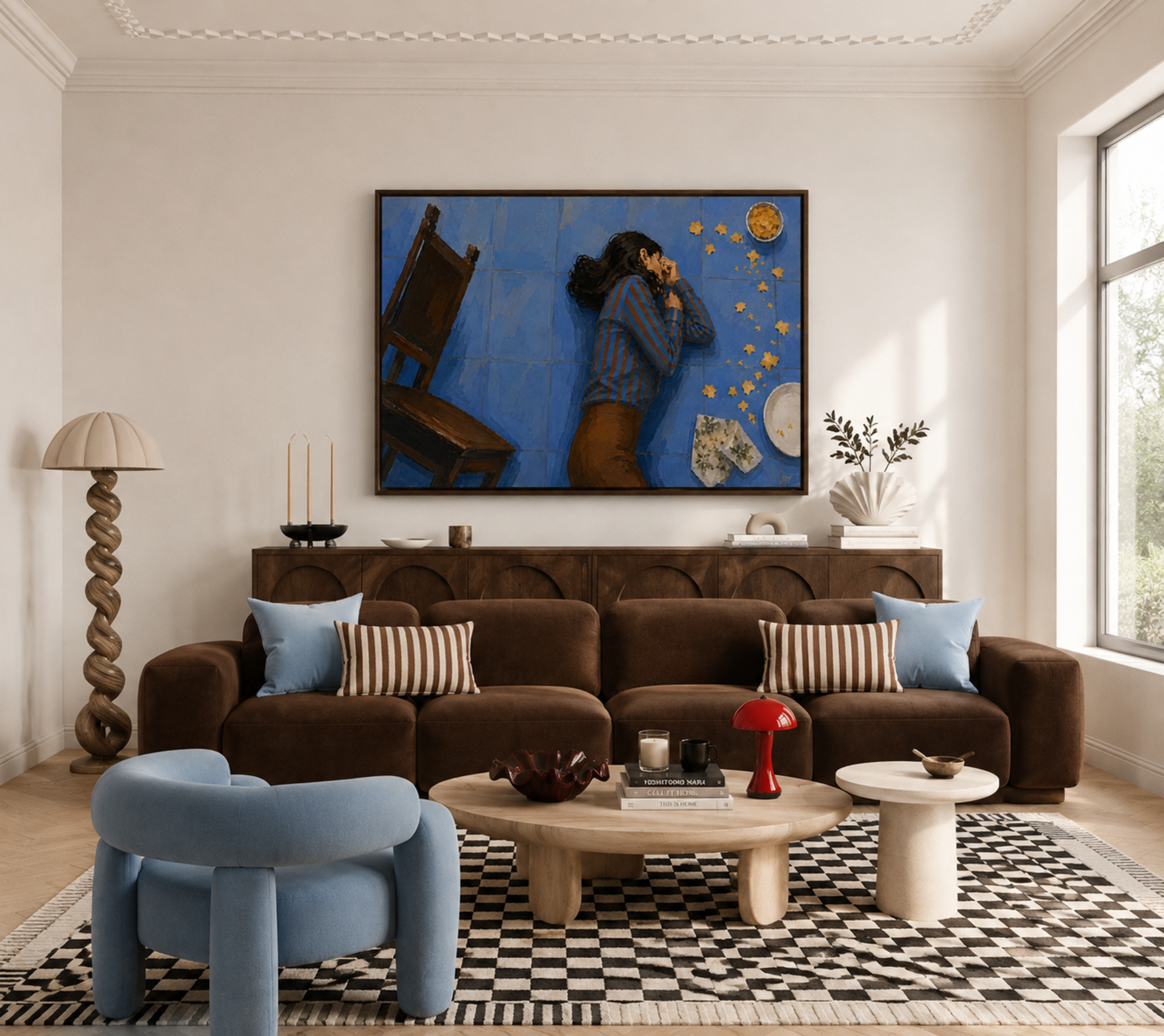 excuse me for a second is a hand painted retro nostalgic contemporary figurative wall art print of a girl lying on the floor among scattered food on a blue background, inspired by contemporary figurative painting, cinematic images, the melancholy beauty of old films, bringing storytelling, atmosphere and fashion. large textured canva oil painting wall art print