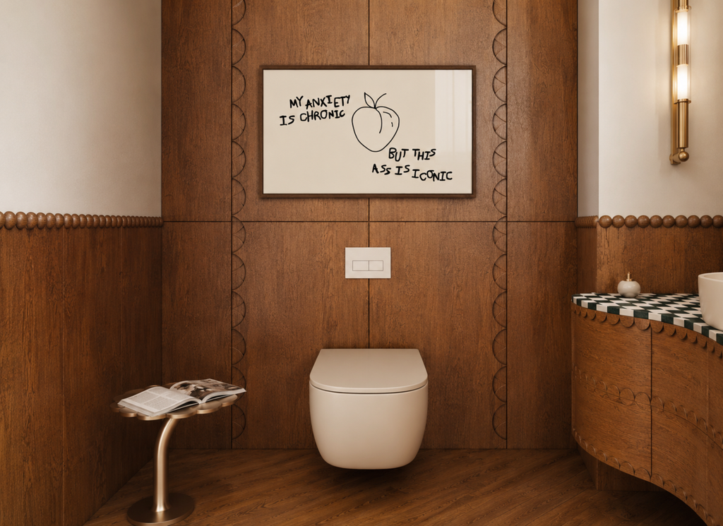 My Anxiety Is Chronic But This Ass Is Iconic is a playful typography art print created for girls who cope with humour, self-awareness and a healthy amount of main character energy. this is a hand drawn minimalist quote wall art featuring a Peach and hand written quote, ideal for bathrooms, above a bed, dressing rooms, dorm room decor and cheeky playful interiors. available in 5 different colors: pastel pink, ruby burgundy, blue, khaki and cream white