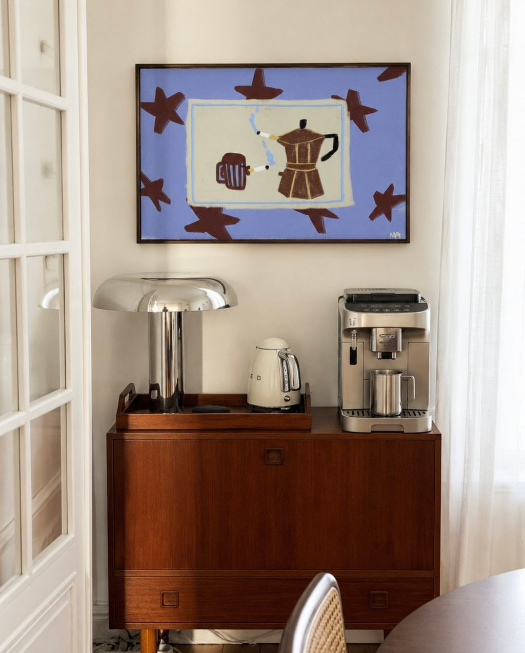 Playful Hand drawn Kitchen wall art with an espresso pot and coffee mug illustrations with cigarettes on a blue star pattern background. This is a hand drawn Oil Painting kitchen and bar cart art Print decor for playful kitchens, dining spaces and eclectic interiors.