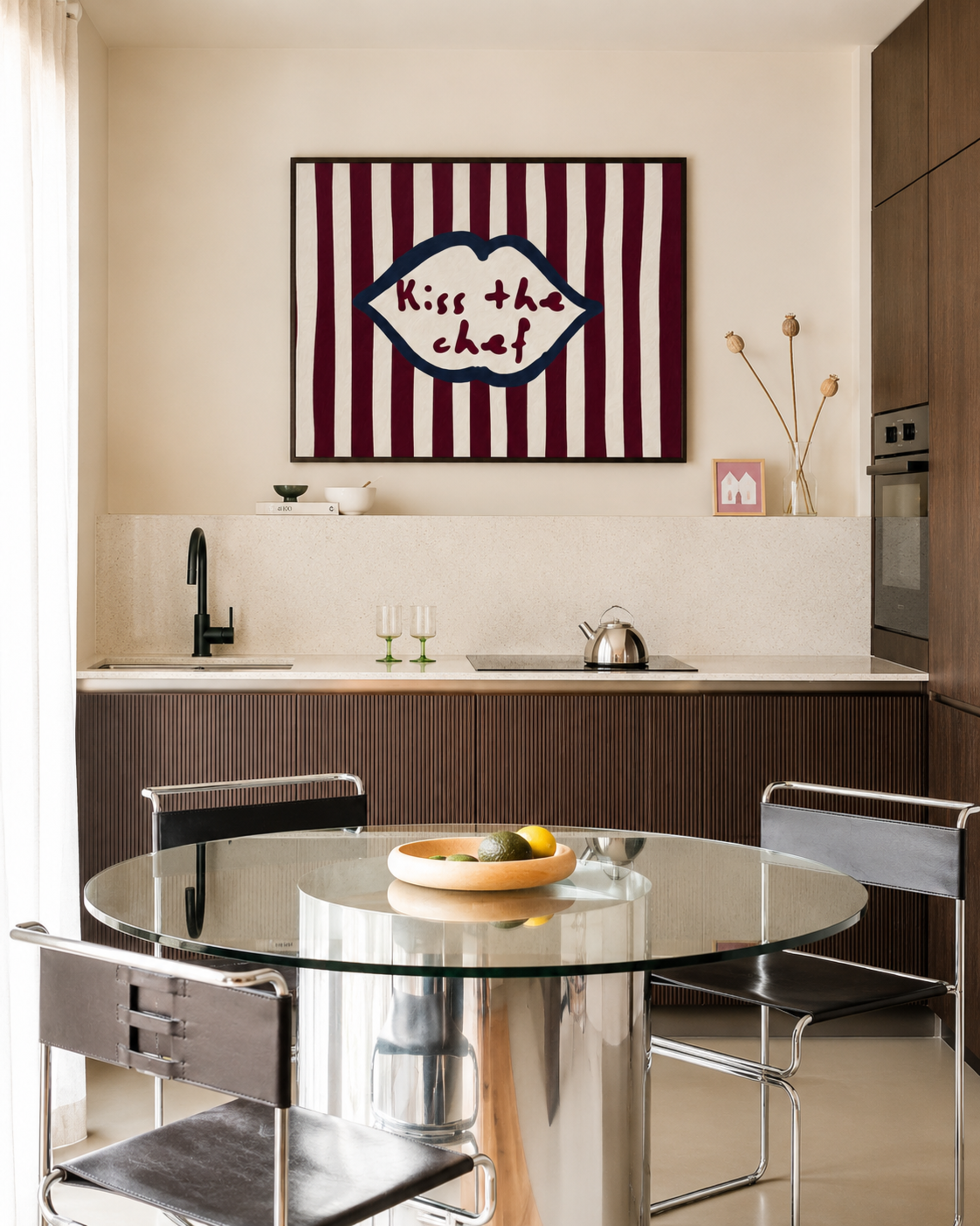 Playful Kitchen Funny Typography wall art with Handwritten quote "Kiss the chef" on a retro striped background in ruby blue tones with lips motif. This is a hand drawn Oil Painting kitchen art Print decor.